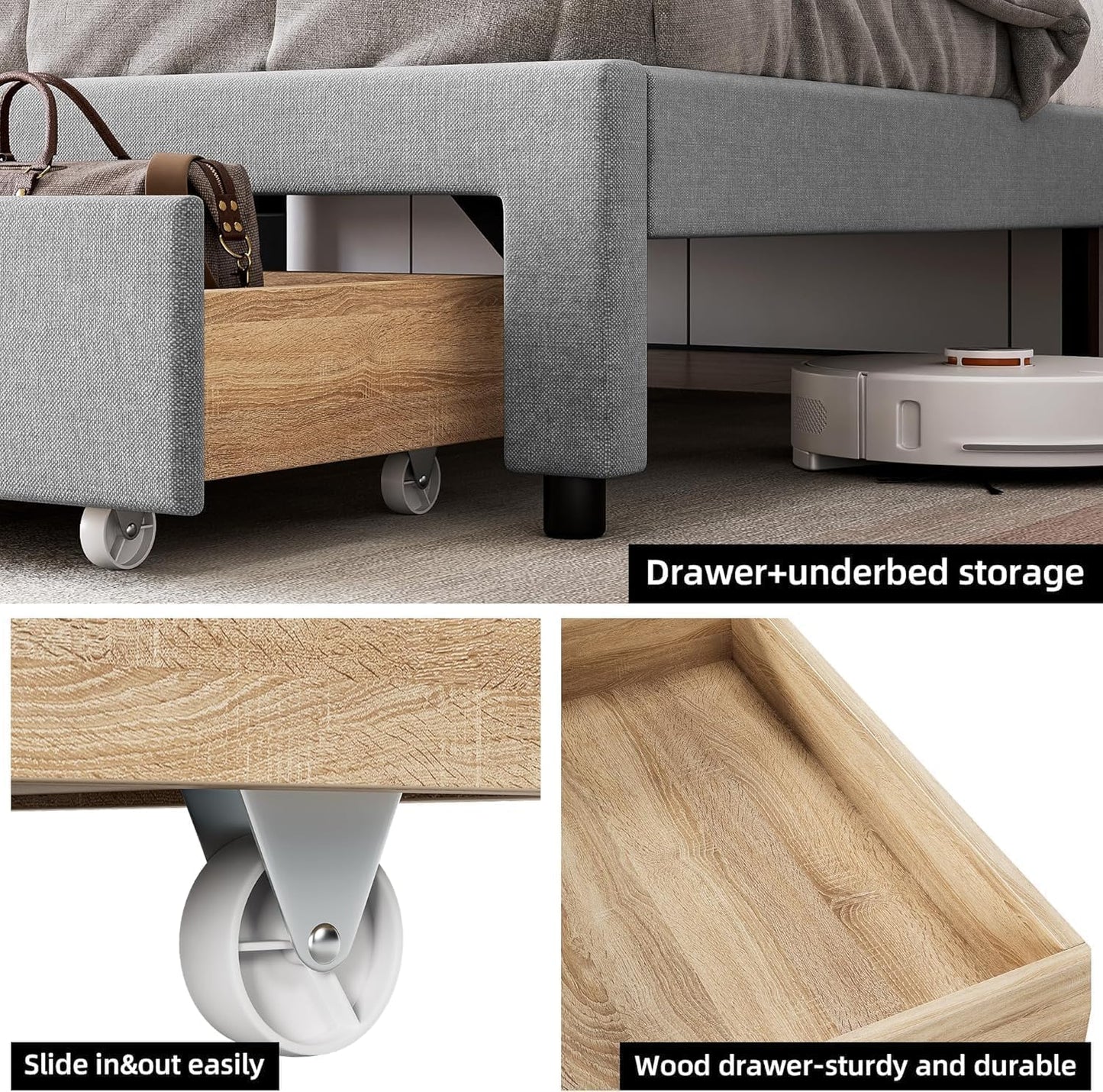 Queen Size Bed Frame with Headboard, Wooden Full Bed Frame with Storage Headboard and Charging Station, Metal Platform BedFrame with Large Drawers, No Box Spring Needed, Easy Assembly, Grey