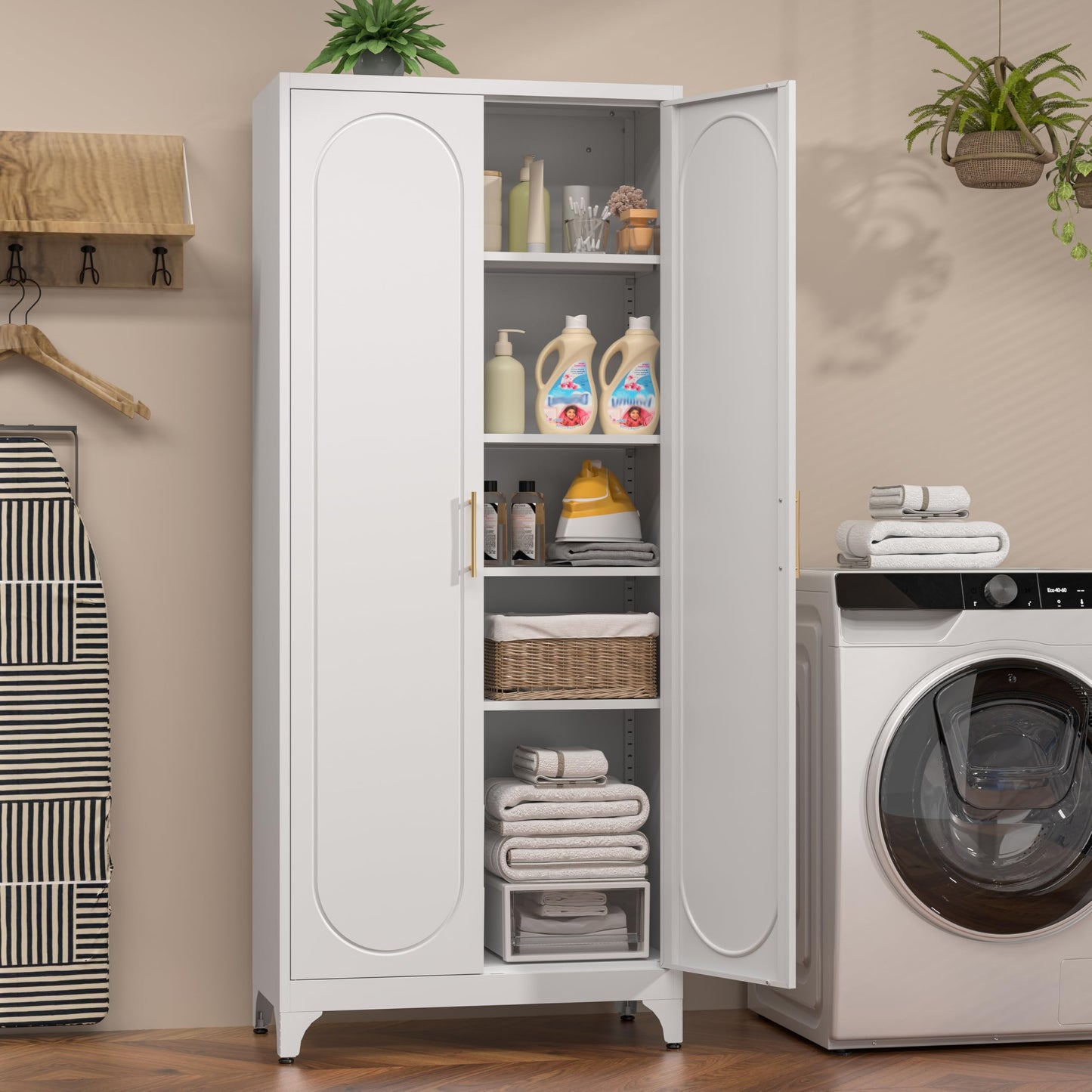 Kubohogar 75" Tall Kitchen Pantry Cabinet with 2 Doors and 4 Adjustable Shelves, White Metal Storage Cabinets, Kitchen Cupboard for Dinning Living Room, Bathroom, Laundry, Home Office