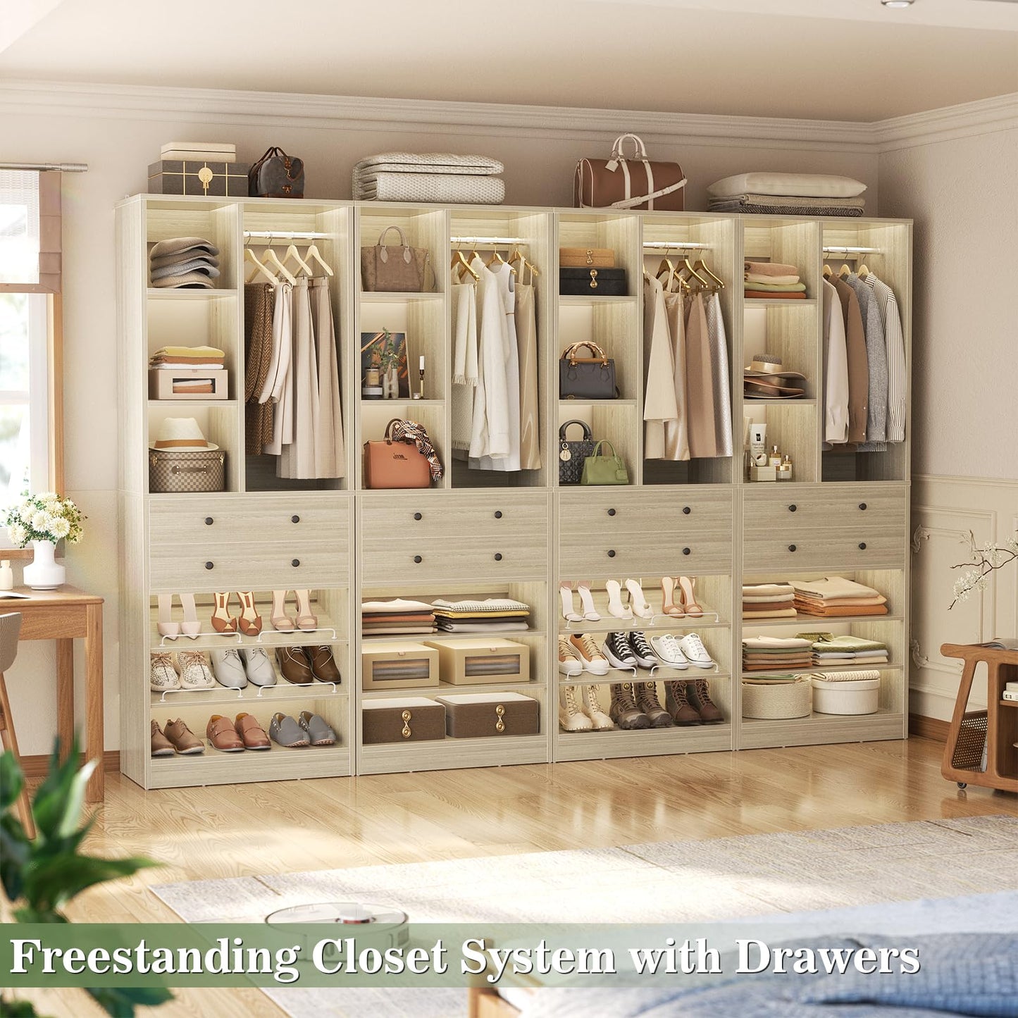 Besiost Closet System, 111"/9.3 FT Closet Organizer System with 8 Drawers and Shelves, Can Fit 120"/10FT Walk-in Closets Systems, Free Standing Reach in Closet Tower, Load 2400+LBS, Greige