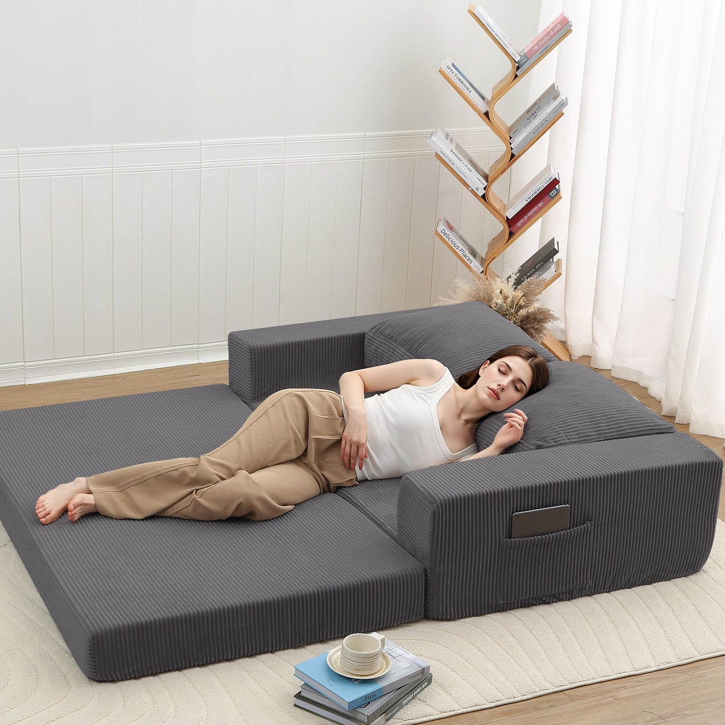 COMAX Convertible Sofa Bed Queen, Folding Fold Out Couch Bed, Floor Couch Corduroy Sleeper Mattress with Back Pillows, Boneless Sofa Comfy Lounge Loveseat for Living Room Bedroom, Dark Grey