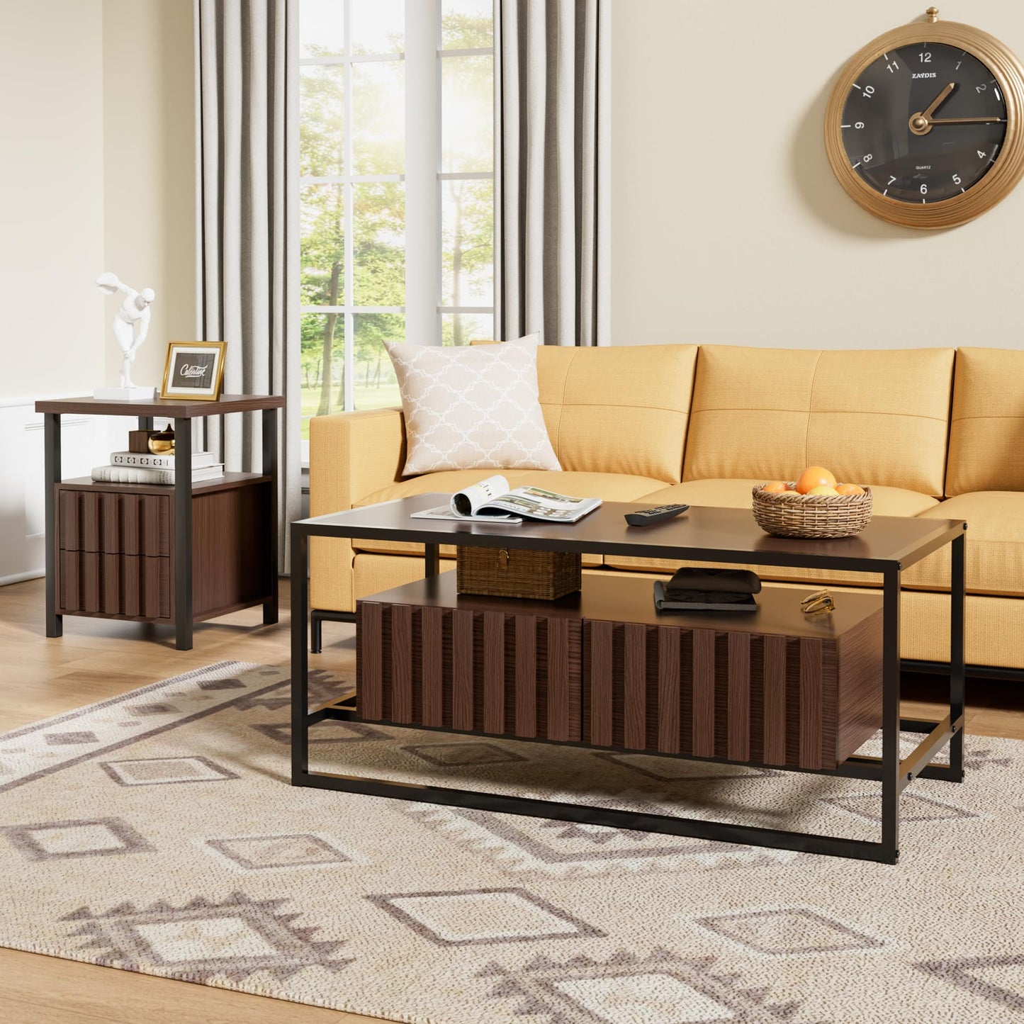 UEV Coffee Table Set of 3,Living Room Table Set,Mid Century Coffee Table,End Side Tables Set of 2 with 2 Drawer for Living Room & Bedroom,Walnut