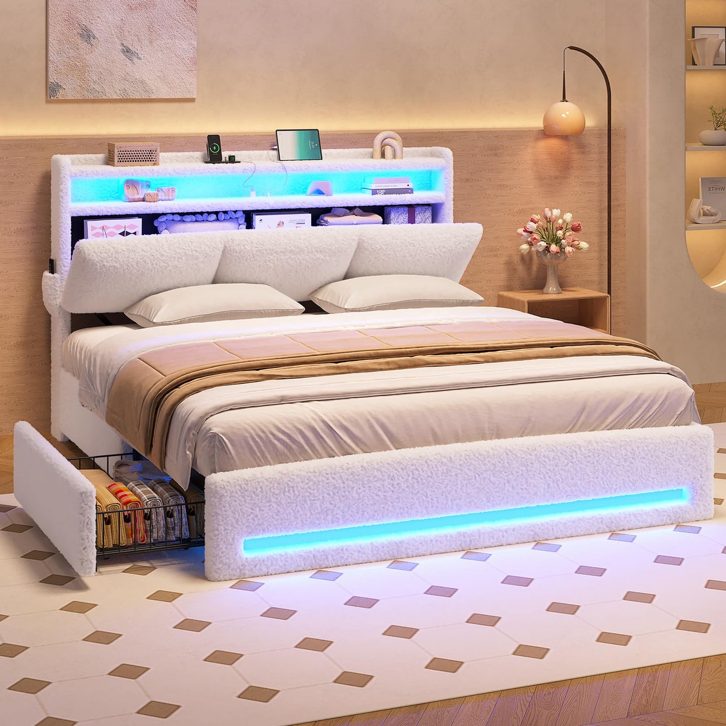 MSmask Boucle Bed Frame Queen Size, Upholstered Bed Frame with Storage Headboard and 4 Drawers, Soft Platform Bed with LED Lights and Charging Station, No Box Spring Needed, Off-White