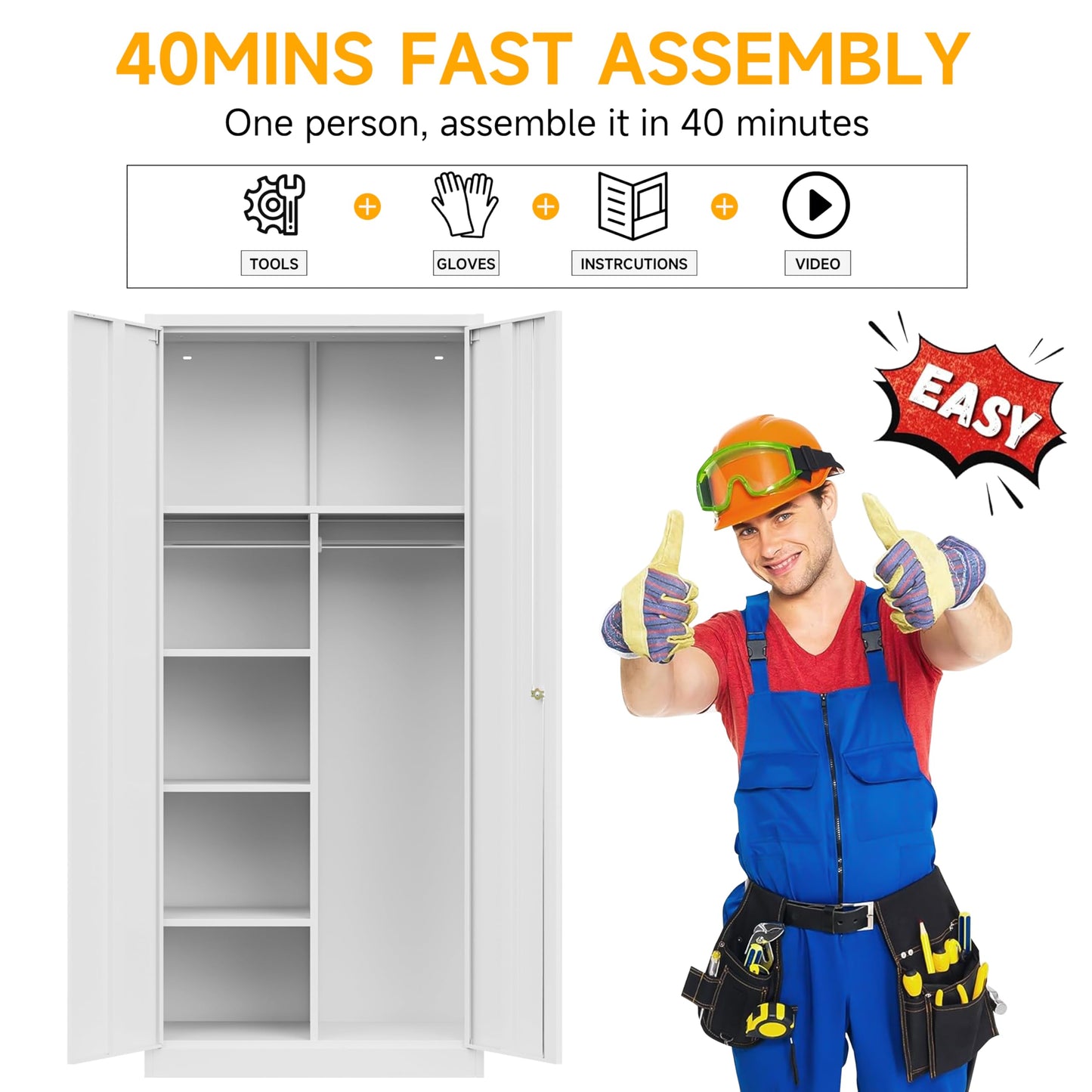 Firstsky 71" H Metal Armoire Wardrobe Cabinet with Doors and Shelves,5-Tire Wardrobe Closet with Rod,Adjustable Steel Locking Cabinet for Home Office,Bedroom,Garage,Laundry (White)