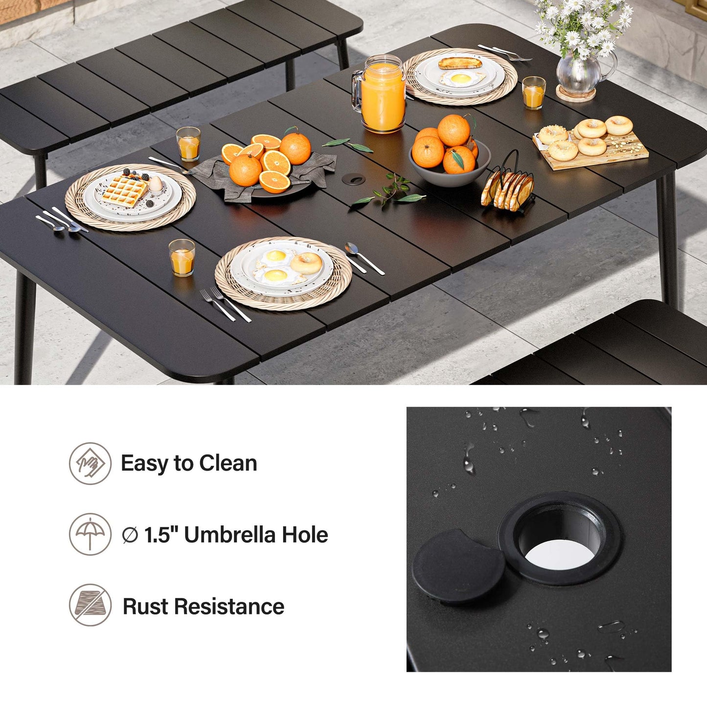 LAUSAINT HOME 3 Pieces Outdoor Patio Dining Set, Outdoor Dining Table and Chairs Set with Metal Table and Umbrella Hole,Patio Furniture Sets for Garden Backyard Deck Balcony with 2 Benches