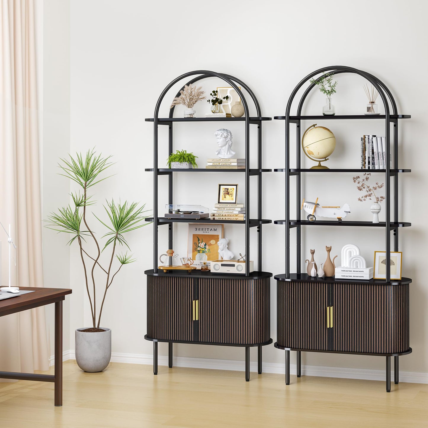 Turtle&Myrtle Tall Arched Bookshelf, Mid Century Modern Fluted Bookcase Cabinet with Sliding Doors, Curved Metal Frame Bookcase, Industrial Storage Display Shelving for Living Room, Bedroom (Black)