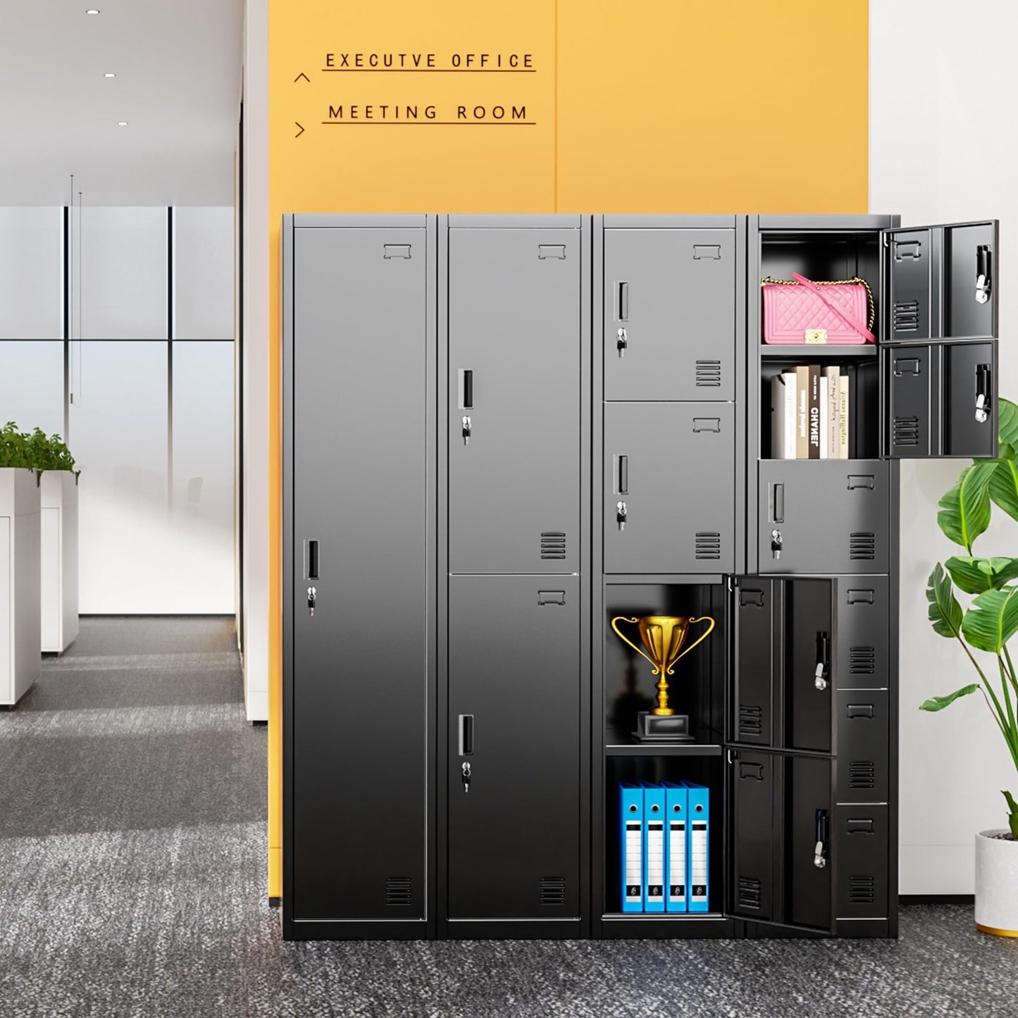 Greenvelly 72" Locker, Metal Lockers for Employees with 6 Doors and Keys, 6-Tiers Black Lockable Steel Storage Locker for Gym,School,Office,Sports,Card Slots,Vents