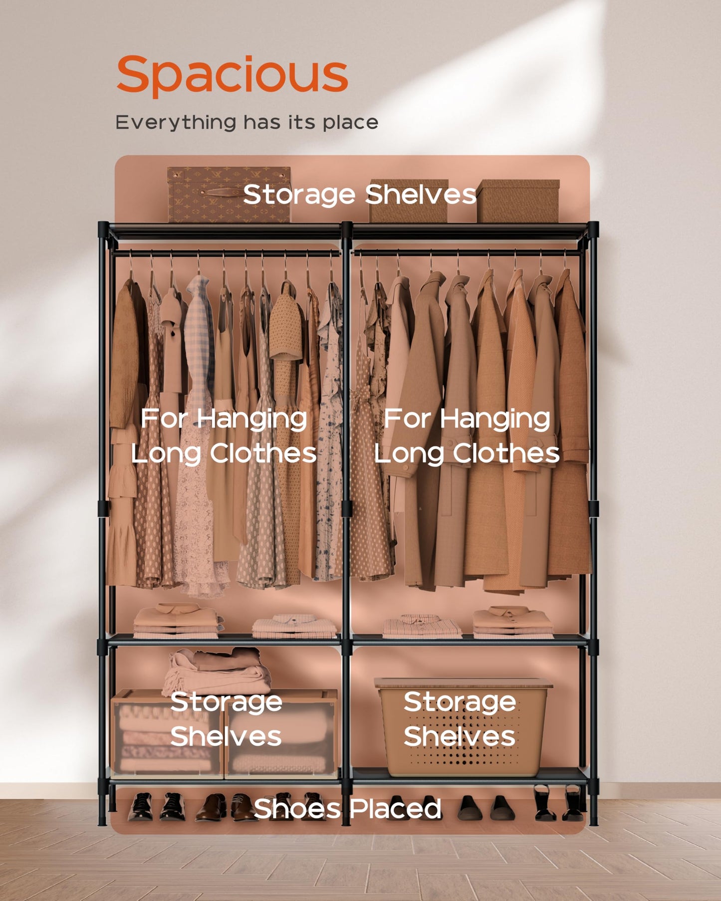CASAMAYA Clothes Rack, Portable Closet, 54.3 Inch Large Capacity Wardrobe Closet, Clothes Storage Organizer with Shelves and 2 Hanging Rods, Easy to Assembly, Black PCT002B01
