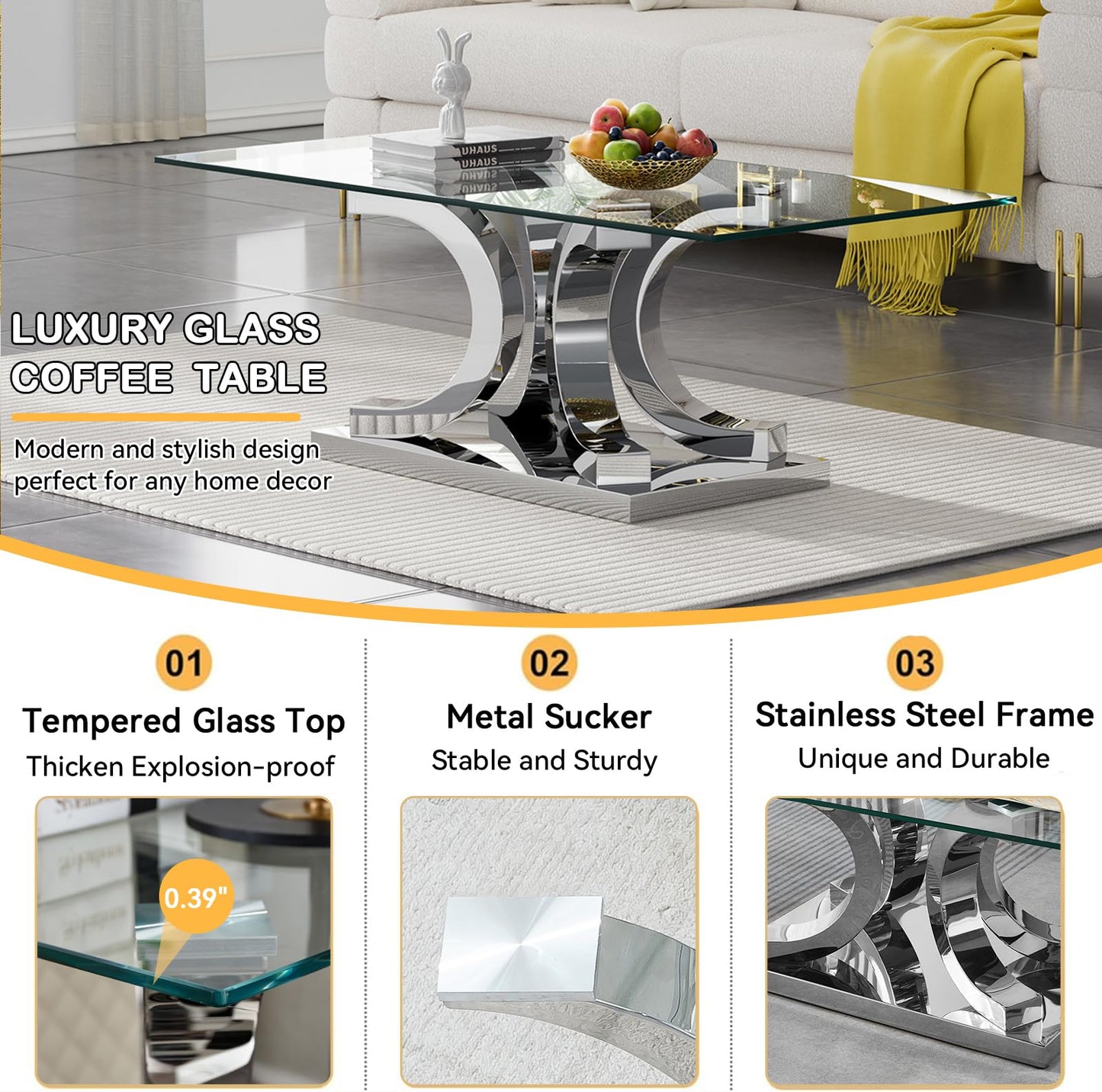 Glass Coffee Table with Silver C-Shaped Stainless Steel Base, Modern 47" Rectangular Center Table Clear Glass Top Accent Cocktail Tea Table for Living Room Bedroom Home Office
