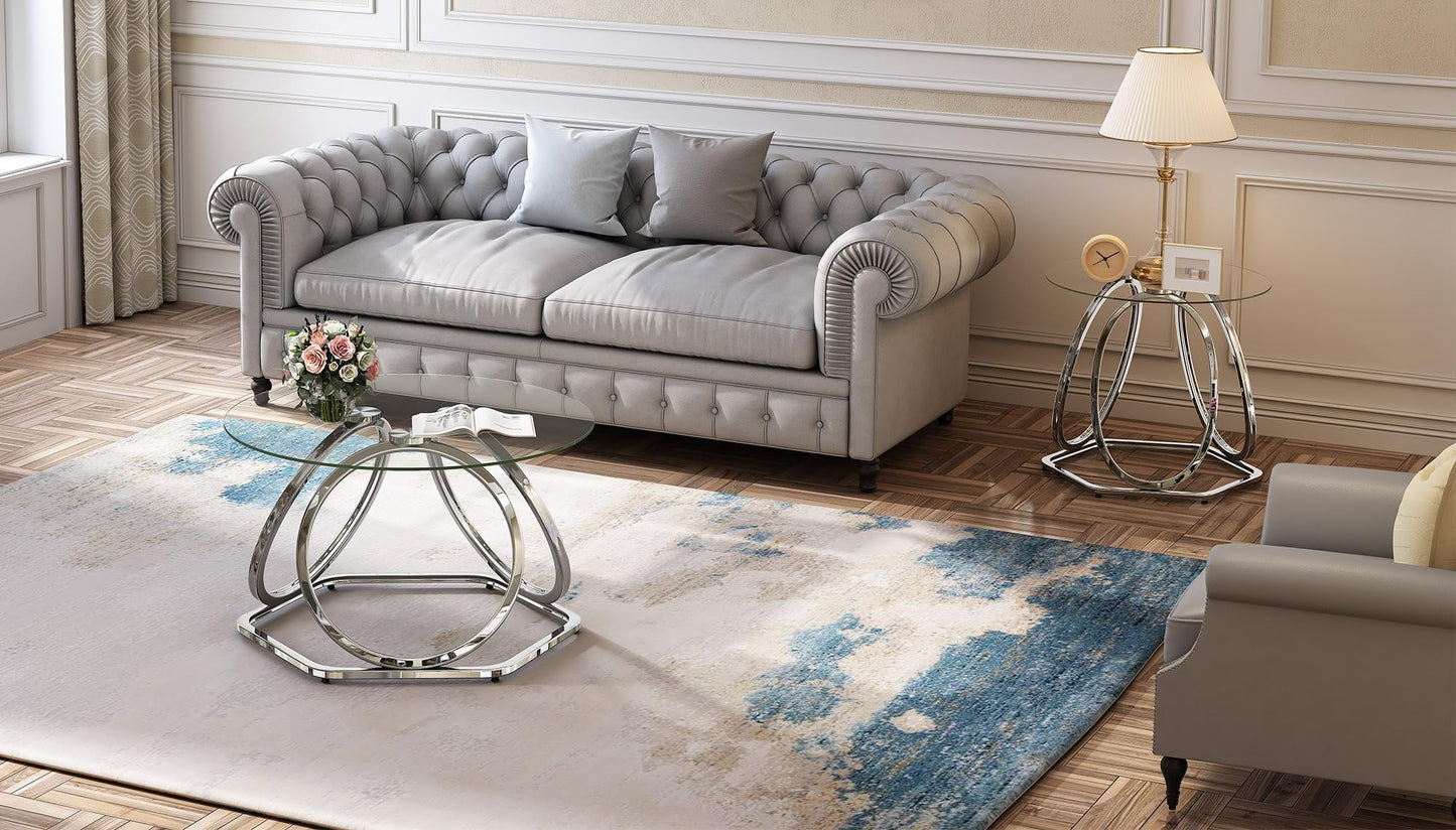 O&K FURNITURE Glass Coffee Table, Modern Silver Coffee Table Living Room Table with Hexagonal Base, Round Coffee Table for Home&Office, Chrome Finish, 1 PC
