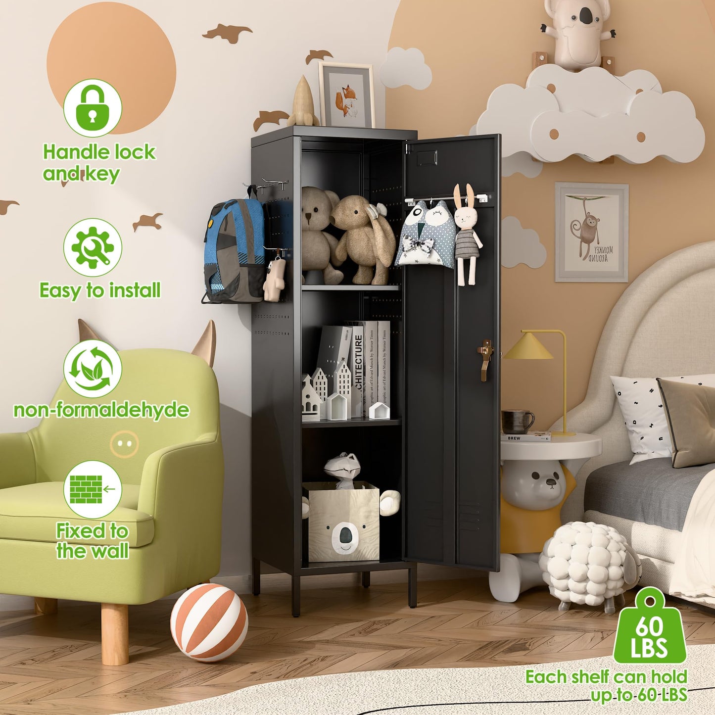 SUPEER Metal Lockers for Employees with Handle,Metal Storage Locker with 2 Pegboard & 5 Hooks for Gym, School, Office,Home,Garage,Black