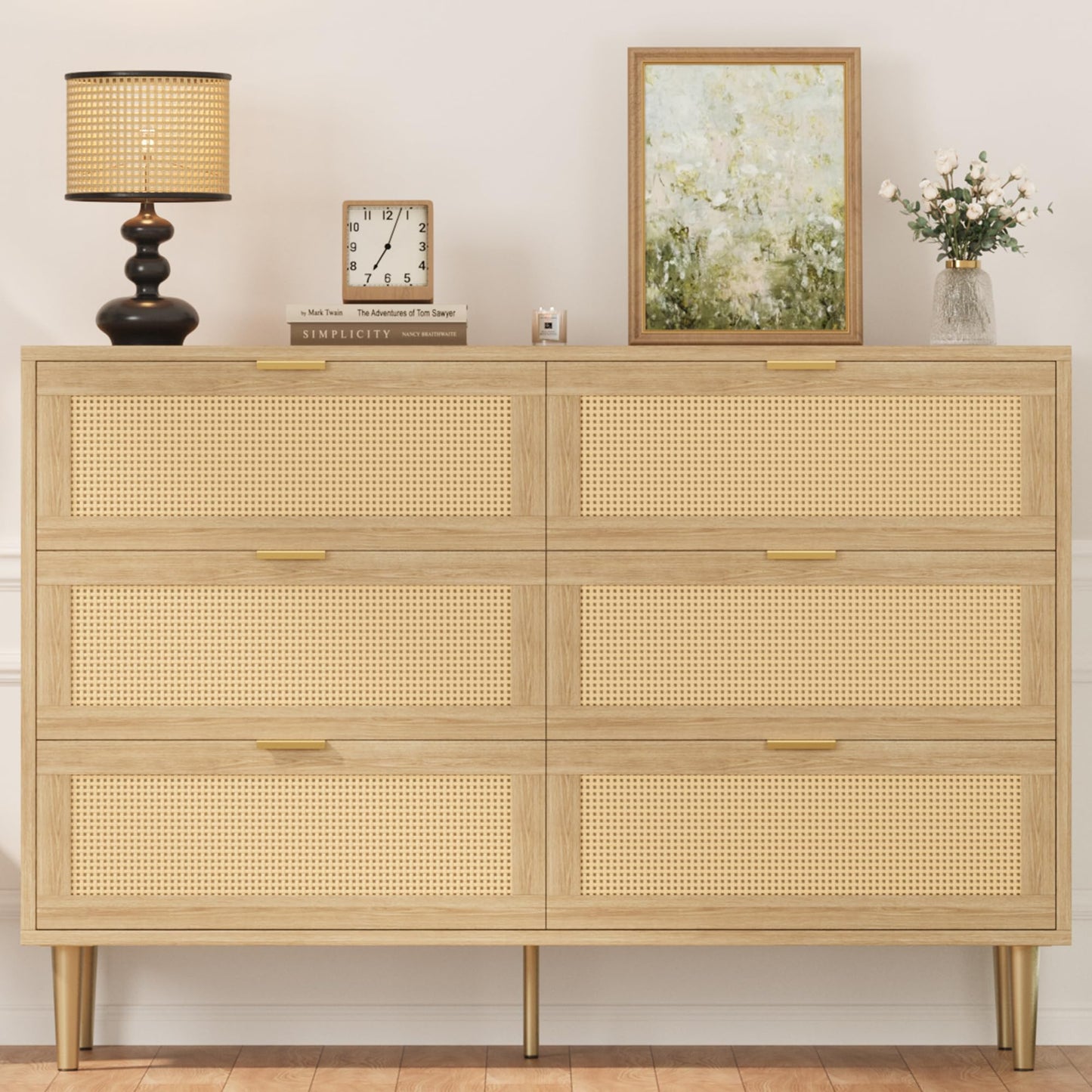 IDEALHOUSE Natural Rattan 6 Drawer Dresser for Bedroom, Modern Chest of Drawers with Gold Legs and Gold Handles, Wide Double Dresser with Large Tabletop and Anti-Tipping Design for Bedroom Living Room