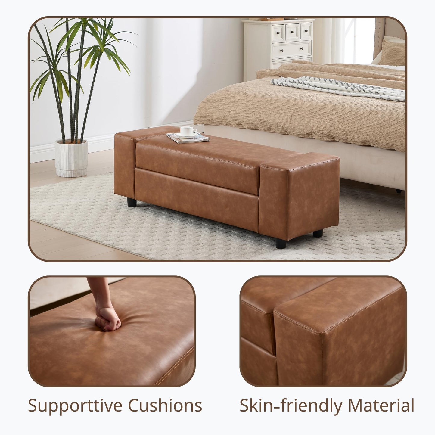 Janoray Storage Ottoman Bench 55 Inch Upholstered Comfy PU Leather End of Bed Bench with Large Storage for Bedroom/Living Room/Entryway/Closet(Brown)