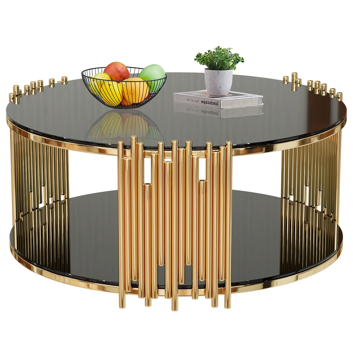KUVADAZ Round Coffee Table with Gold Stainless Steel Base, 2-Tier Black Glass Coffee Table Center Table, Modern Coffee Table Circular Living Room Table Cocktail Tables, Circle Center Tables