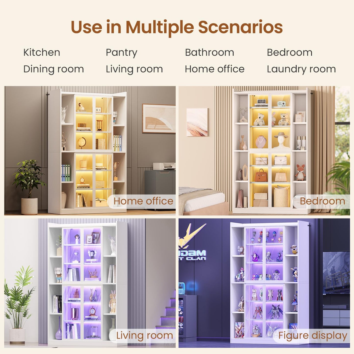 SEDETA Display Cabinet with Glass Doors, 6 Tier Curio Cabinet with LED Lights, Tall Bookcase with Adjustable Shelves, 64" Display Cases for Collectibles, Bedroom, Living Room, Office, White