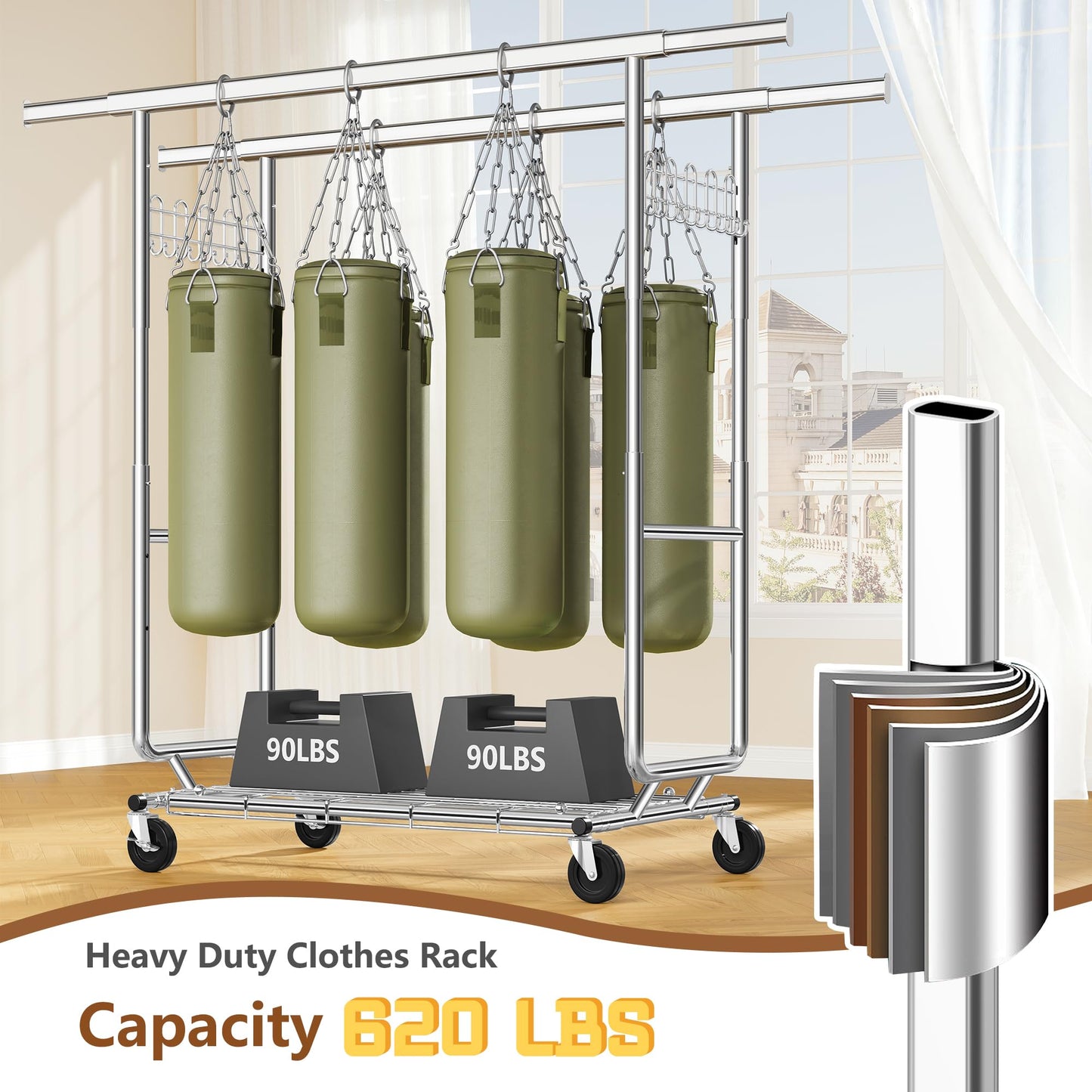 Hoctieon 2-Minute Assembly Double Rod Clothes Rack, Heavy Duty Rolling Clothing Racks with Wheels, Foldable Commercial Garment Rack, Extendable Hanging Bar, Adjustable Metal Pole with Hooks, Chrome