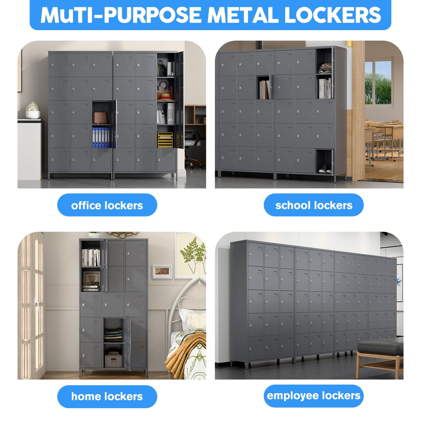 SUPEER 15 Doors Metal Lockers for Employees with Lock,Metal Locker with Card Holder for School Garage Office Gym Bedroom,Assembly Required,15 Door Dark Grey