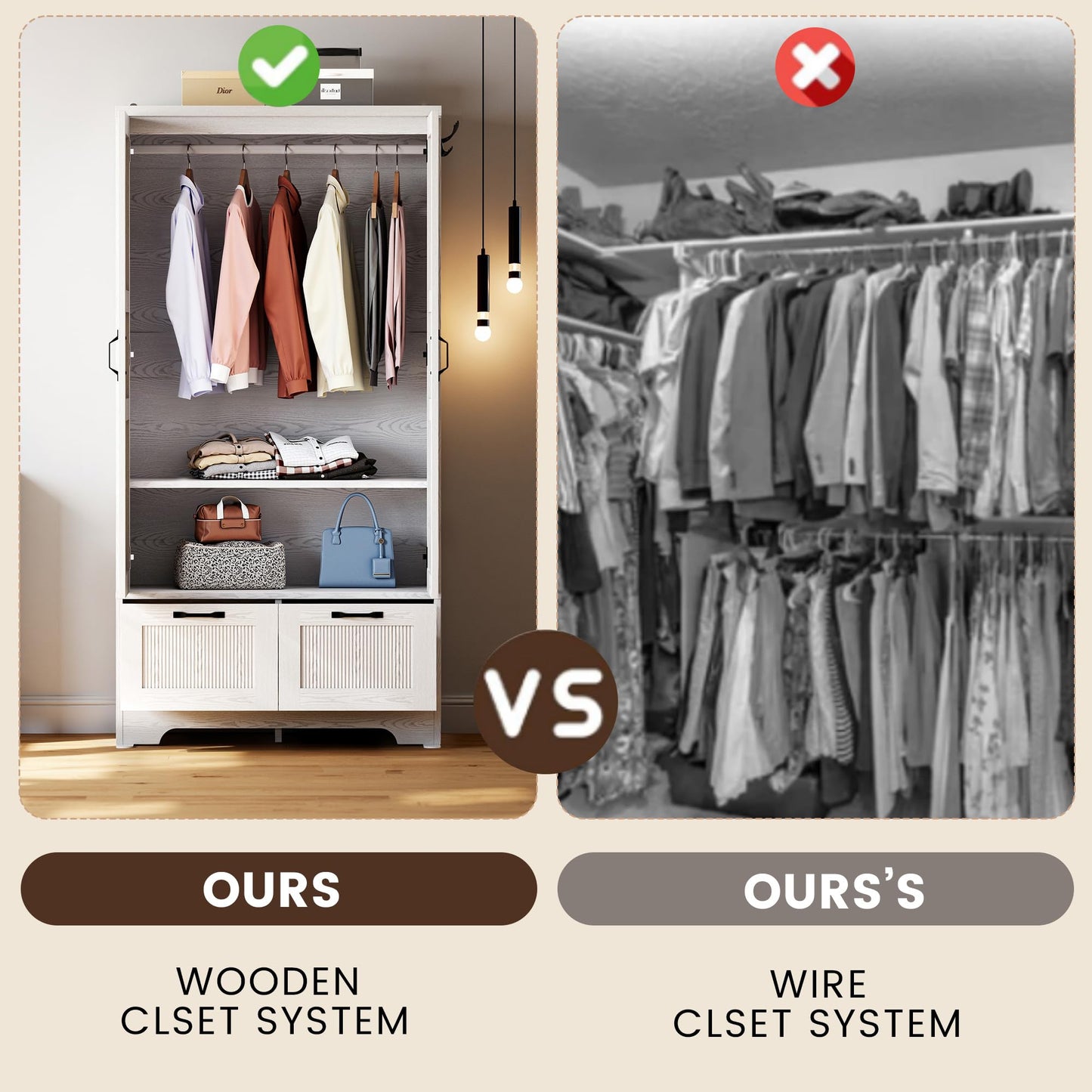 ANCTOR Armoire Wardrobe Closet, 71" H Wooden Clothing Storage Cabinet with 2 Doors and 2 Drawers, Bedroom Freestanding Wardrobe Combination with Hanging Rod and Adjustable Shelves, White
