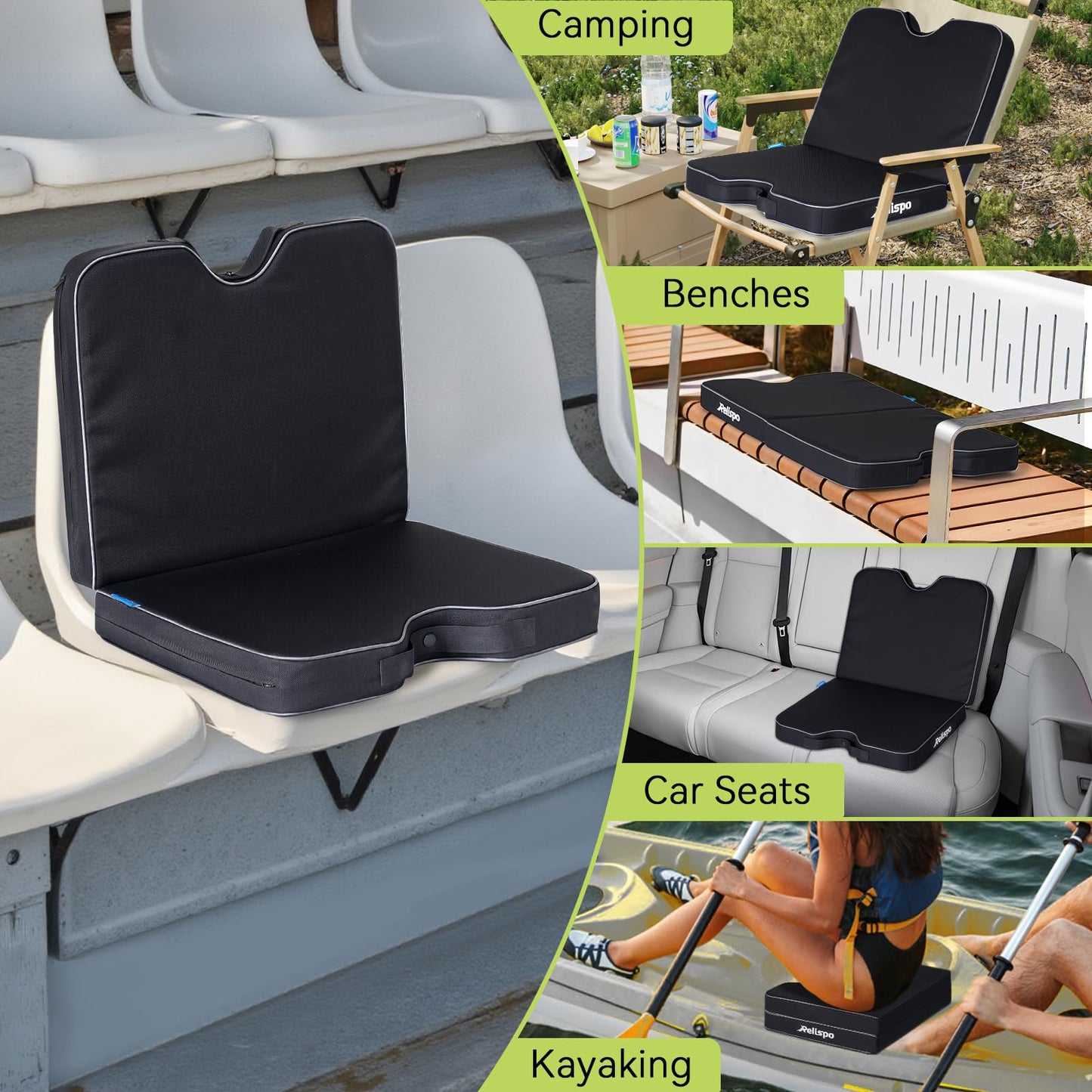 Relispo 3-in-1 Stadium Seat Cushion, Premium Memory Foam & High-Density Foam Bleacher Cushion, Anti-Slip Waterproof Portable Stadium Cushion for Bleachers, Sports Events, Camping (2 Packs)