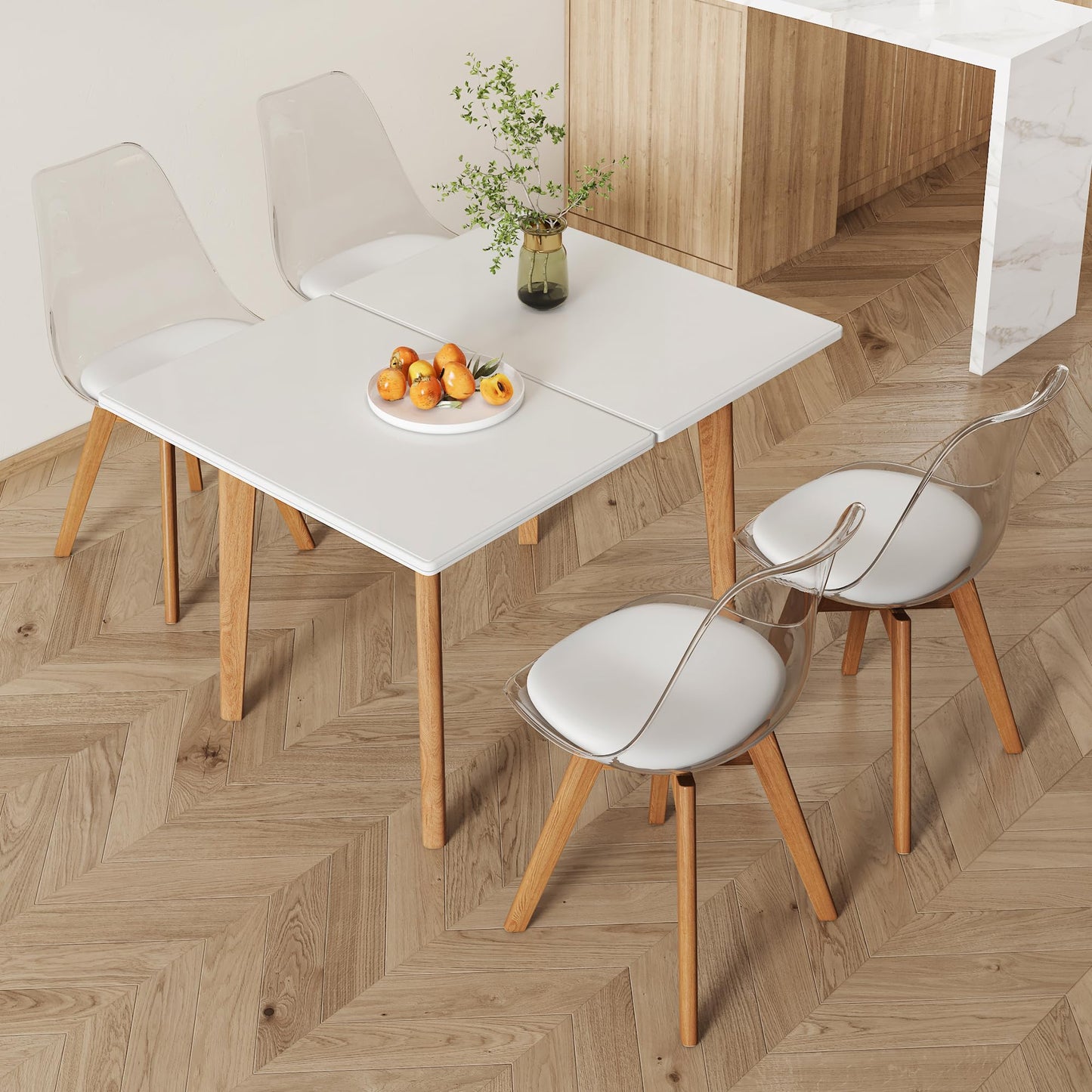 MEMUY 5 Piece Dining Table Set,Folding Dining Table with Chairs Set,35.4-47.2" Small Kitchen Table Set for 4,Marble Dining Table Set for 4 Space Saving,White Dining Room Table Set for 4,Apartment