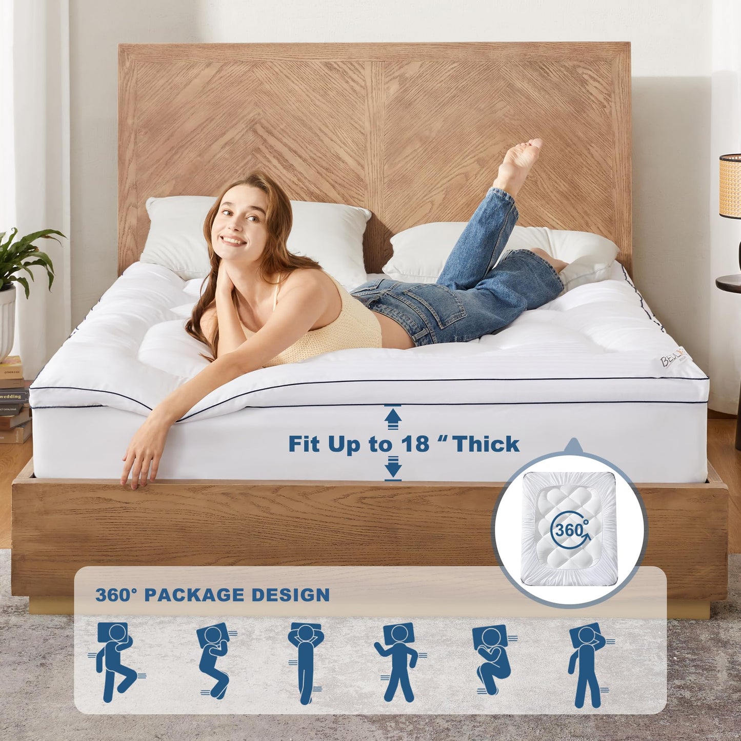 BEDLORE Queen Mattress Topper, Thick Pillow Top Pad for Back Pain Relief, Cooling Soft Mattress Cover with Deep Pockets 6-18 inch