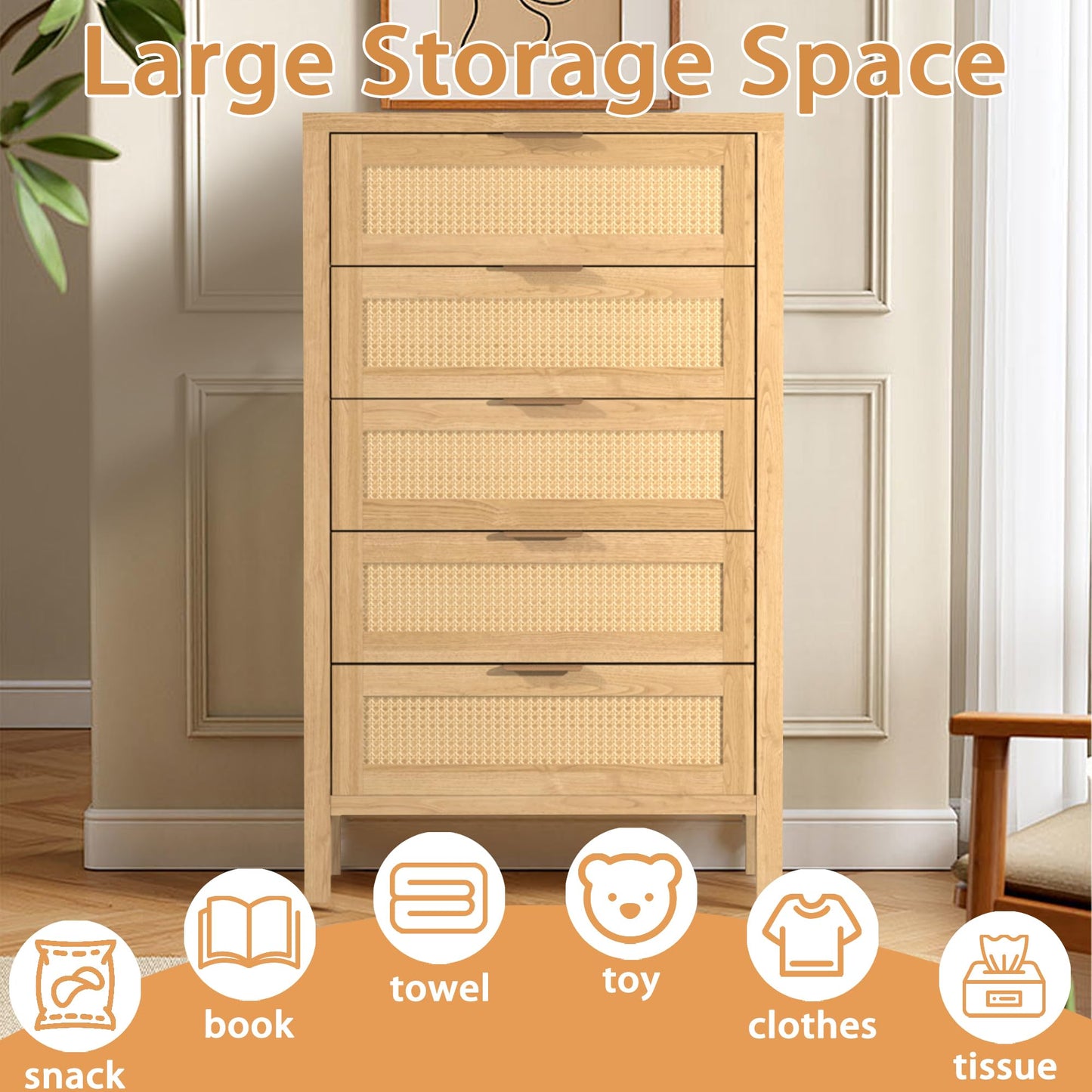 BTDWI Wood 5 Dresser for Bedroom, Wide Rattan Drawer with Gold Handle for Bed Room, Hallway, Rustic Oak