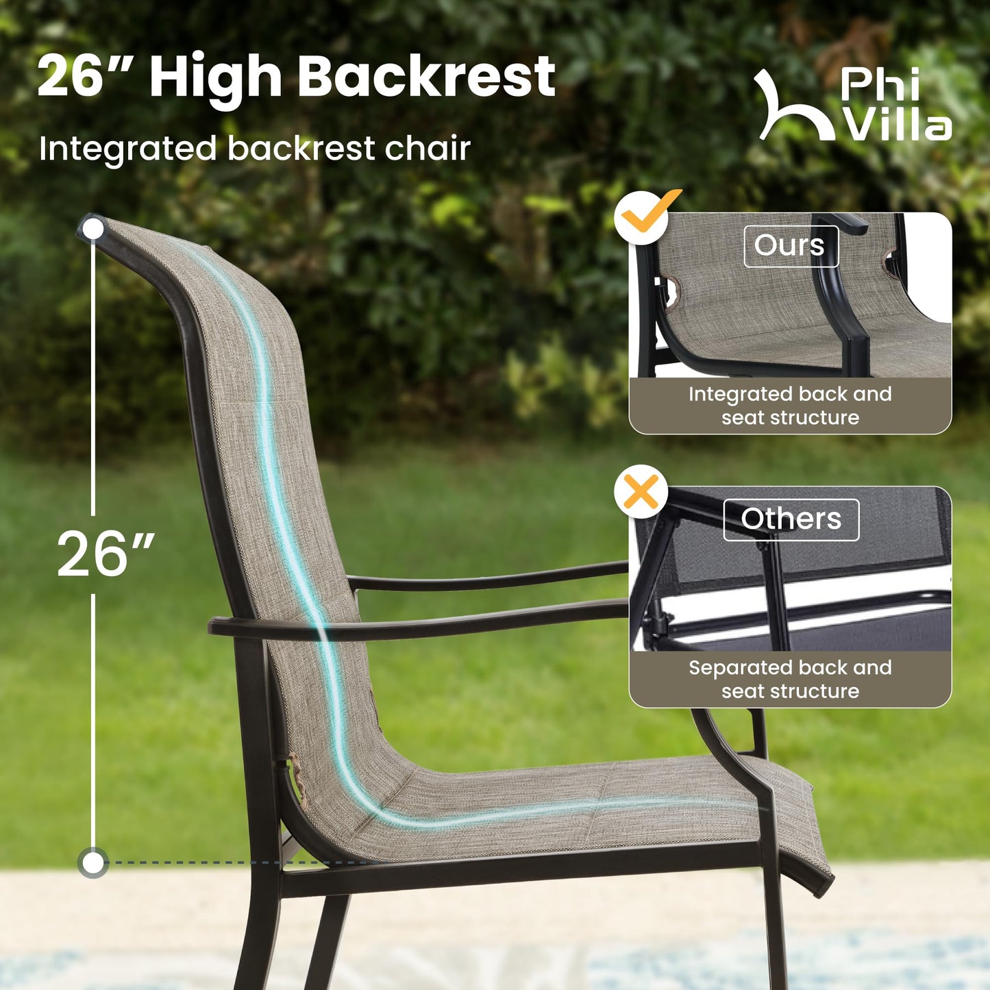 PHI VILLA Outdoor Dining Chairs Set of 4, High Back Textilene Fabric Padded Armchairs with E-Coated Steel Frame for Patio, Porch, Deck, Yard