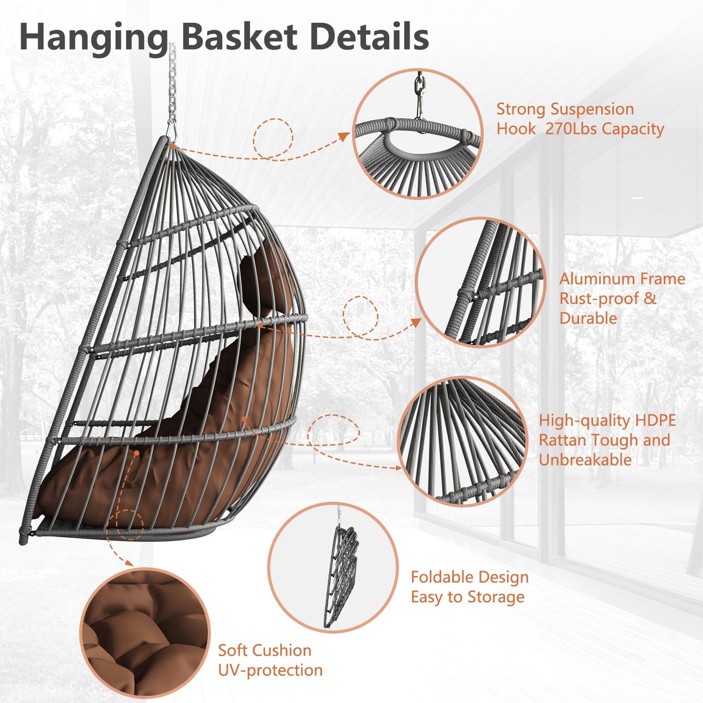 Hanging Egg Chair Without Stand, HDPE Rattan Foldable Swing Chair with Aluminum Frame & UV Resistant Cushion, Hammock Egg Basket for Indoor Outdoor Bedroom Garden, 350Lbs Capacity (Coffee)