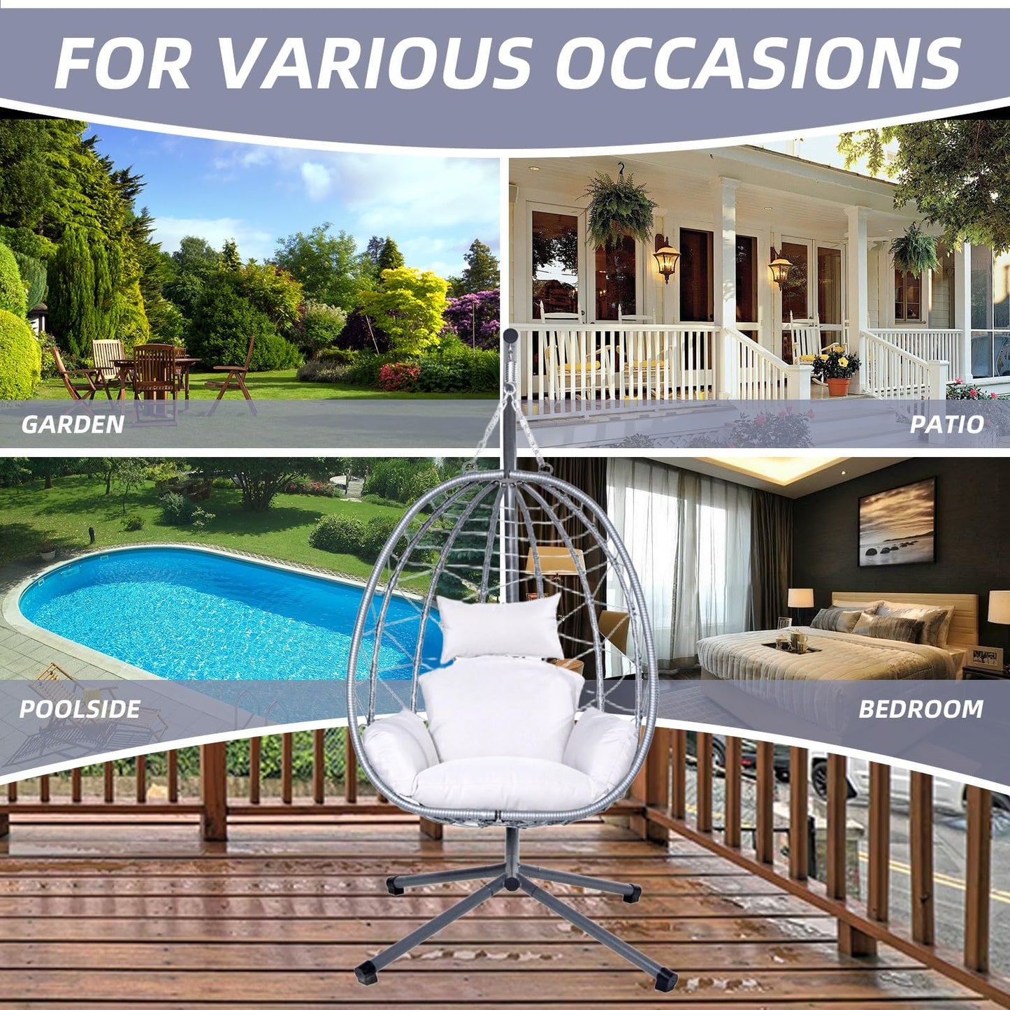 Egg Chair with Stand, Patio Wicker Hanging Swing Egg Chair Thickened, Galvanized Pipe Steel Frame and UV Resistant Cushion for Bedroom Garden Indoor Outdoor, 350LBS Capacity (Silver Gray)
