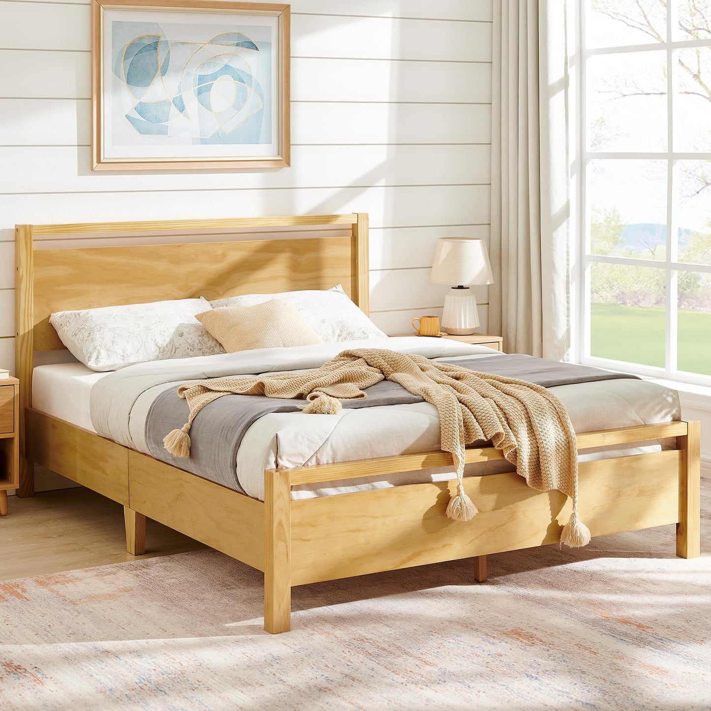 AMERLIFE King Size Solid Wood Bed Frame with Headboard, Minimalist Platform Bed with Wood Slats Support/No Box Spring Needed/Easy Assembly/Noise-Free, Natural