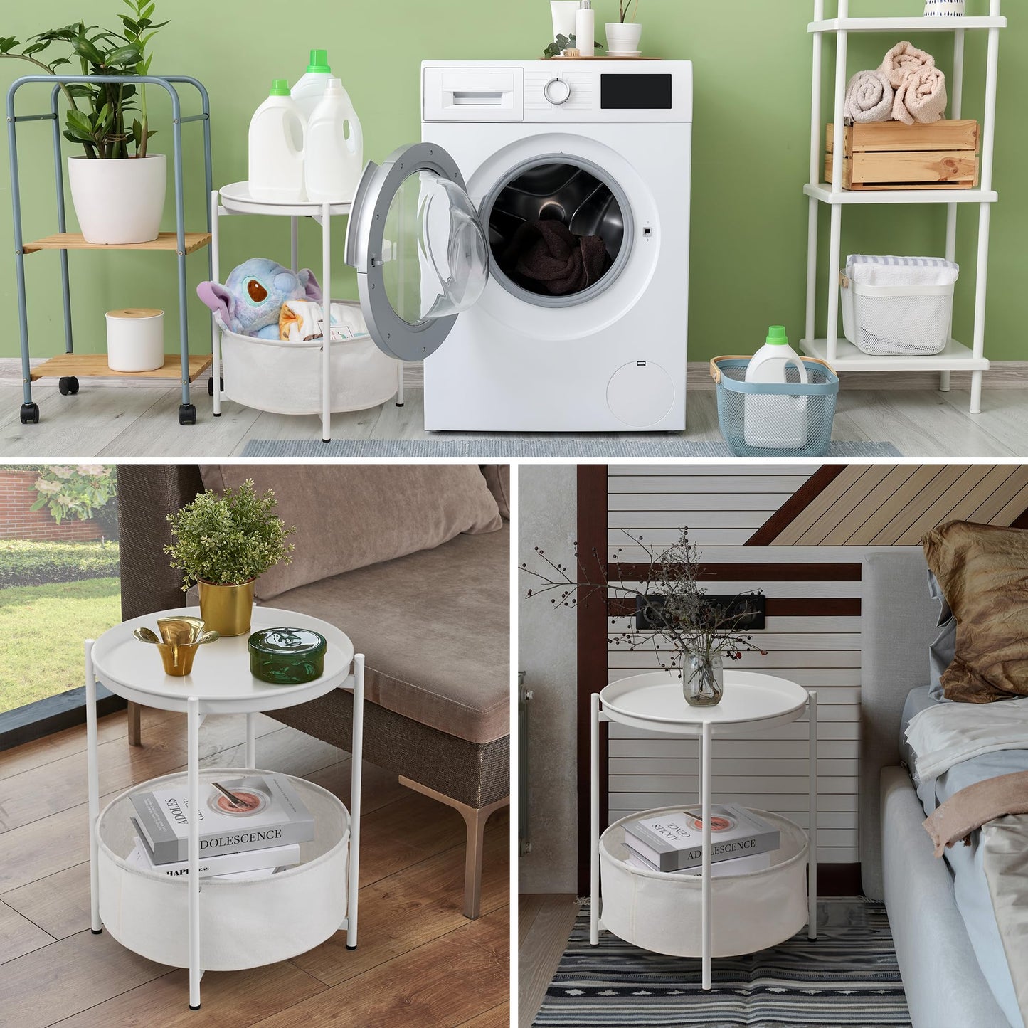 Luwesde Round Side Table, White End Table with Storage Basket, Metal Night Stand with Removable Tray, Small Bedside Table for Living Room, Bedroom, Nursery (White)