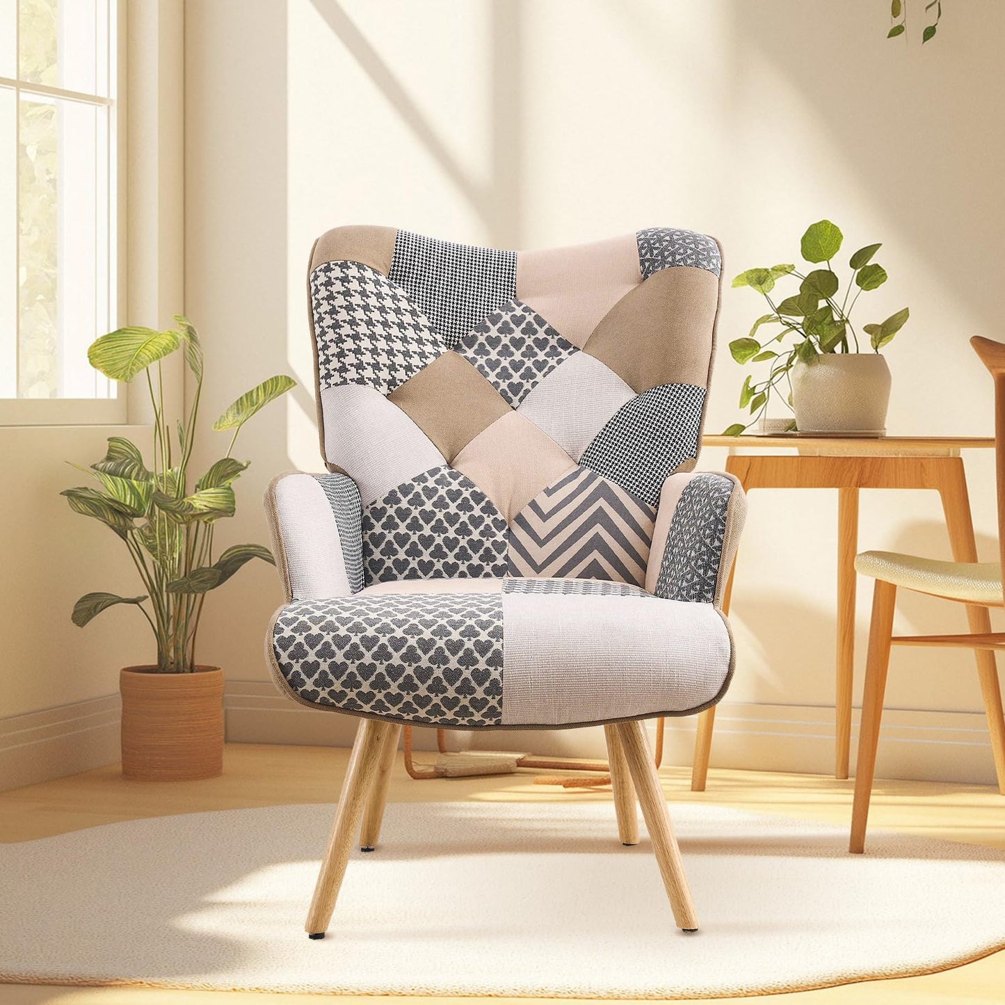 Joysoul Living Room Accent Chair Modern High Back Arm Chair, Grey Plaid Chairs for Bedroom Waiting Room