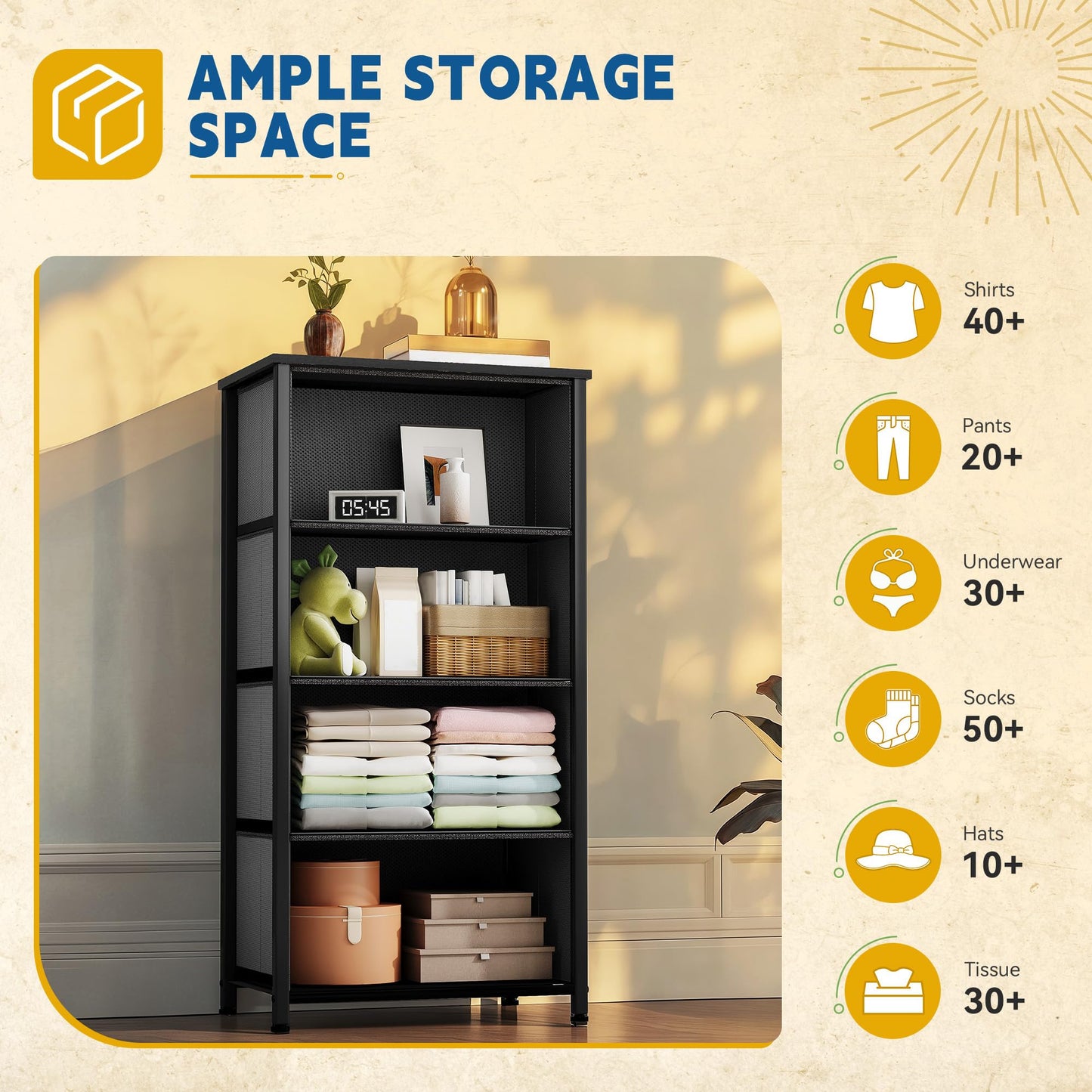 DWVO 4 Drawers Dresser, Dresser for Bedroom, Fabric Storage Tower, Chest of Drawers, Organizer Unit for Closets, Living Room, Sturdy Steel Frame, Wooden Top, Easy Pull Fabric Bins