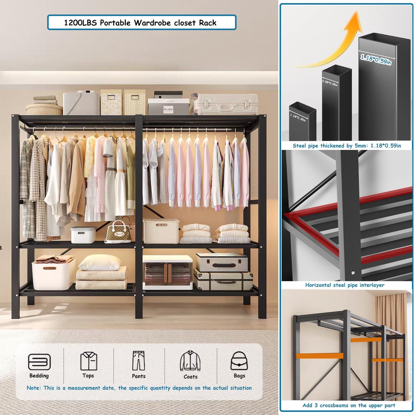 Heavy Duty Covered Clothes Rack with Magnetic Door 1500LBS Foldable Portable Wardrobe Closet for Hanging Clothing Rolling Black Metal Garment Rack on Wheels Closet System (Brown doors, 49.2in)