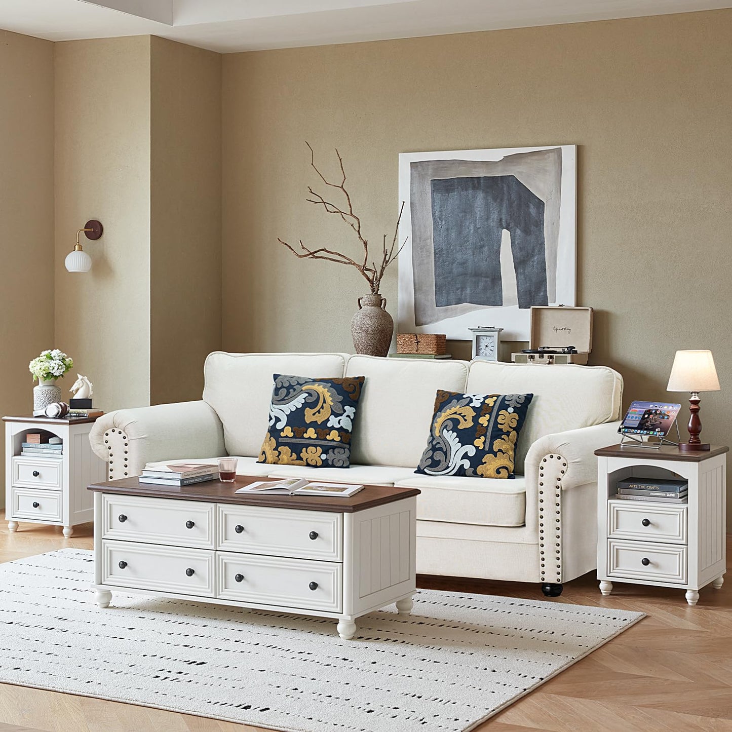 RWYHG 18" Farmhouse Night Stand with Charging Station, White Wood Nightstand with 2 Drawers, Bedside End Table with Shelf Storage, Bed Side Tables Cabinet for Bedroom, Living Room, and Closet