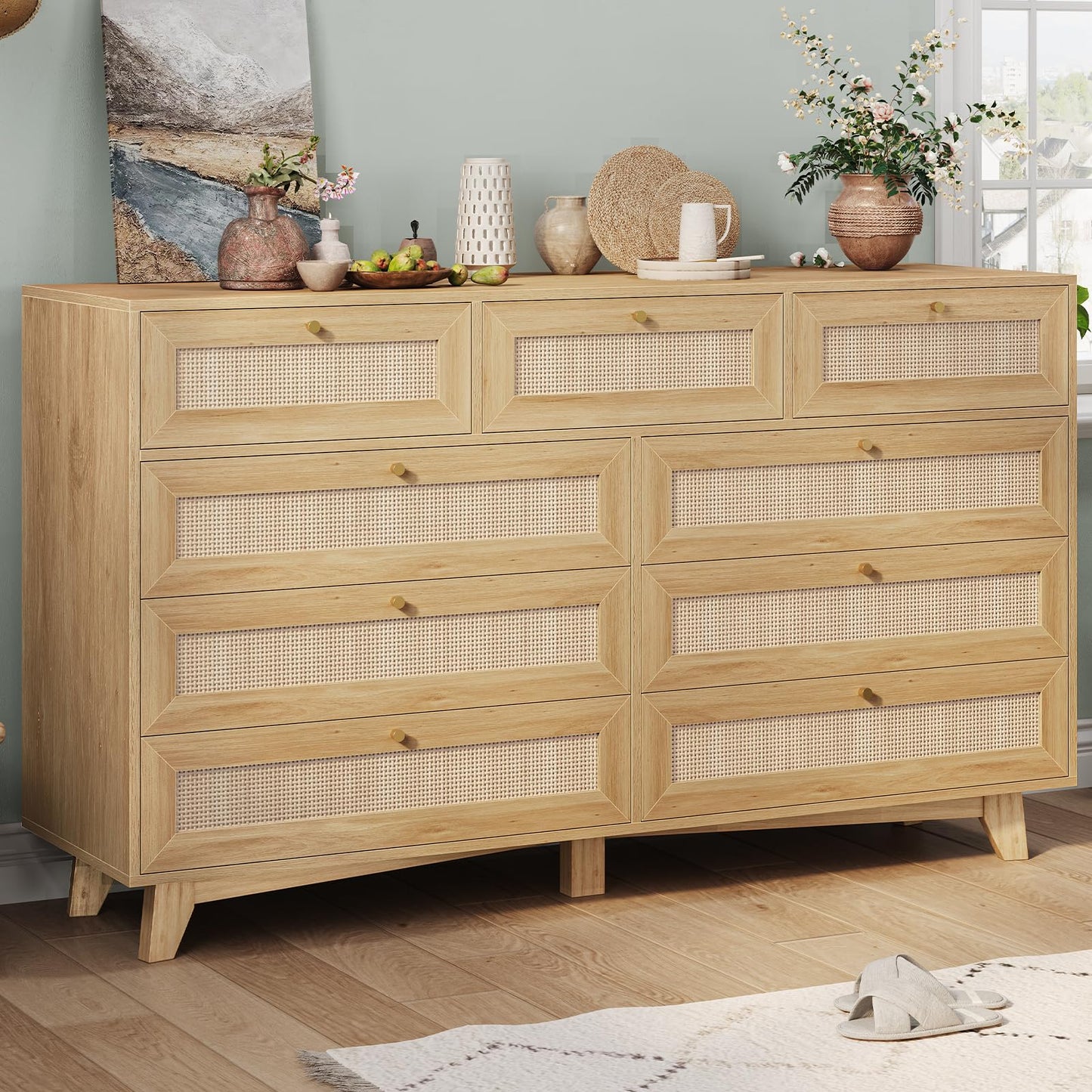 AOGLLATI Rattan Dresser for Bedroom with 9 Drawer, Modern Wooden Long Bedroom Dresser, Chest of Drawers with Metal Handle & Solid Wood Legs for Bedroom/Living Room, Wood