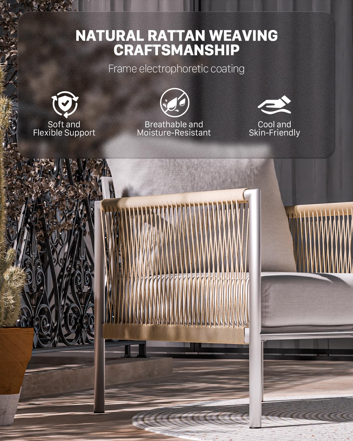 ZANDOR Aluminum Outdoor Front Porch Furniture Armchair 2 Sets, HDPE Woven Rope Rattan Bistro Patio Sofa Chair, Indoor Sectional Conversation Balcony Seat, Thick Cushion Wicker Backyard Sofa, Silver