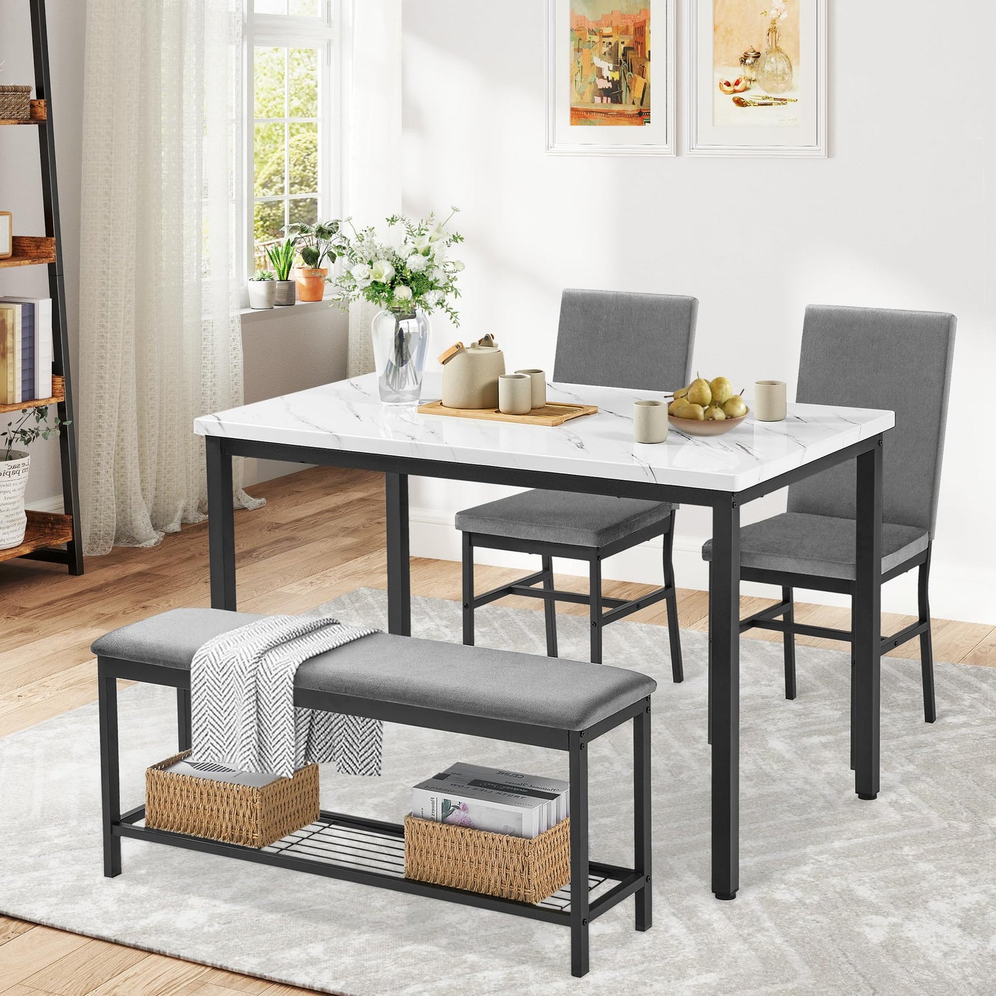 COCLUB Dining Table Set for 4, 47.2" Faux Marble Kitchen Table Set with Upholstered Velvet Chairs and Bench, 4-Person Rectangular Space Saving Dinette Set for Apartment, Restaurant, Home (Gray)