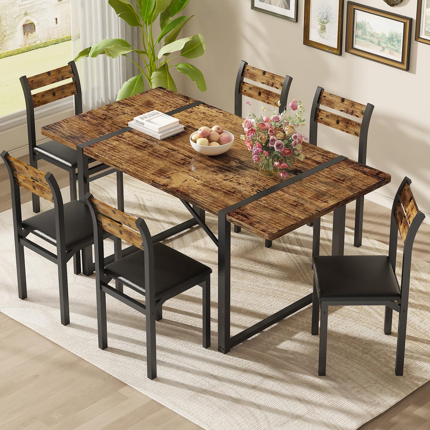 Recaceik Dining Table Set for 6, 55‘’ Wooden Dinner Table Set for 6 with Upholstered Dining Room Chairs, Farmhouse Kitchen Table and Chairs