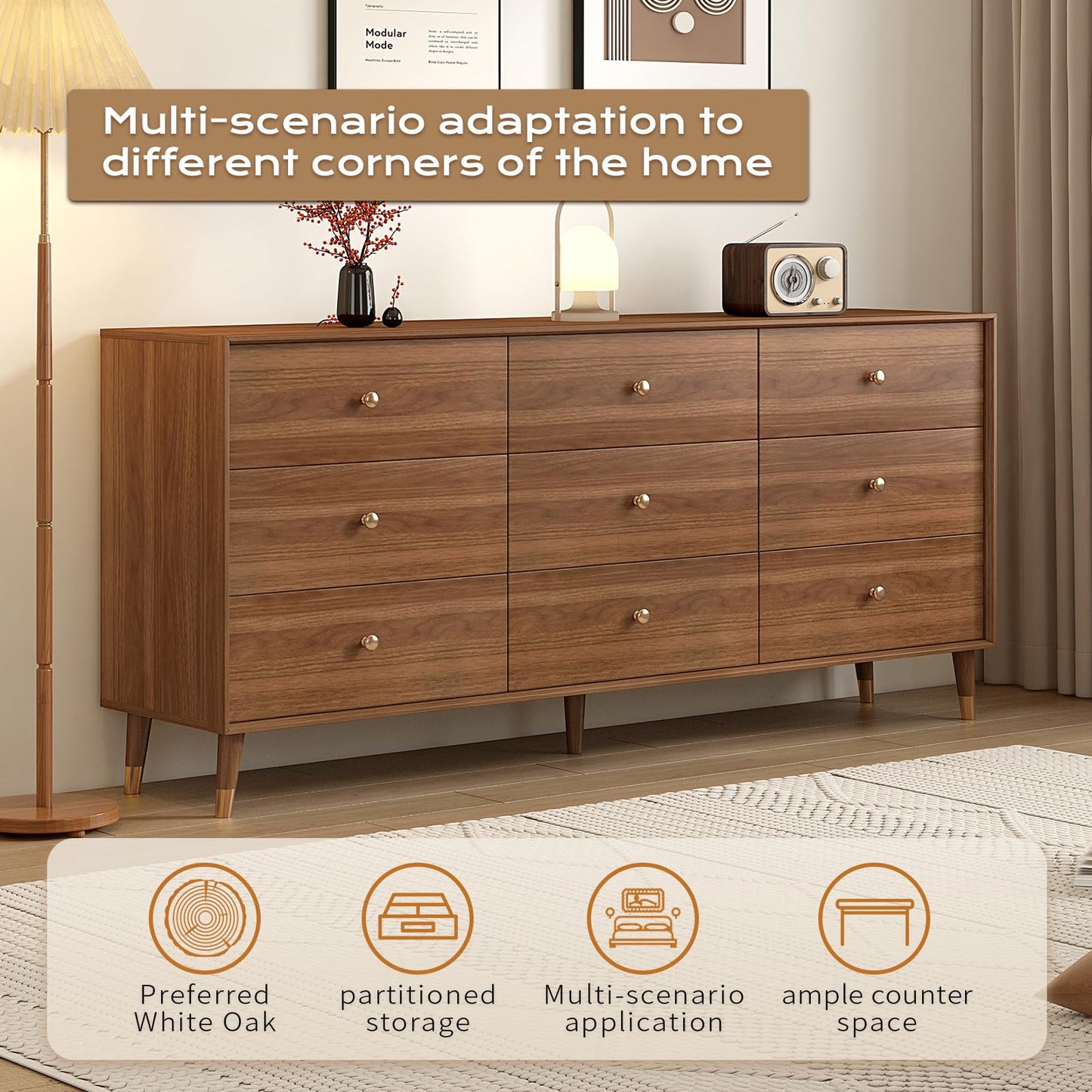 Messenya Mid Century Modern 9-Drawer Dresser, 63 Inch Wide Solid Wood Frame Chest, Walnut Finish, Beveled Design, Heavy-Duty Drawer Glides, Storage Cabinet for Bedroom, Living Room, TV Stand
