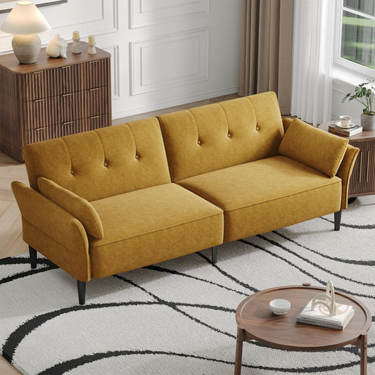 COPIAE 89” Futon Sofa Bed,Comfy Futon Couch Bed with 2 Square Pillows, Convertible Sleeper Sofa with Adjustable Backrest& Armrests, Modern Loveseat Sleeper for Living Room, Bedroom, Yellow