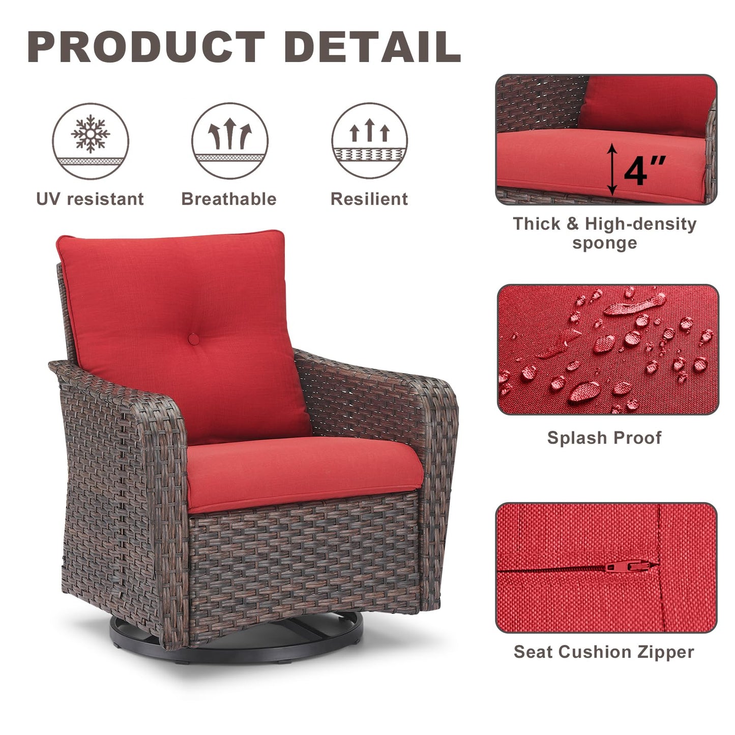 Rilyson Outdoor Patio Swivel Rocker Chairs - 3 PC Wicker Patio Bistro Sets with High Back,Thick Comfy Cushions, Deep Seating and Side Table for Porch Deck Backyard Garden(Brown/Red)