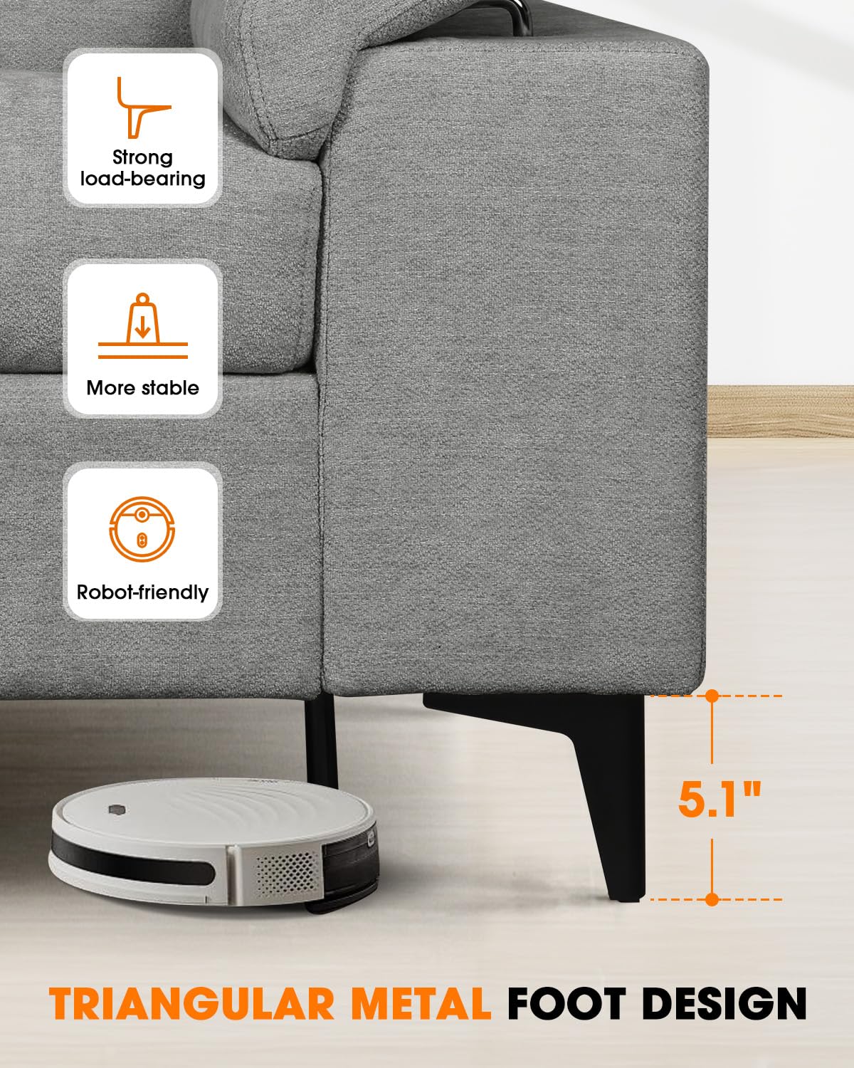 88.97" Modern Sofa Couches for Living Room, Deep Seat Sofas with 8”Cushion, Comfy 2-Seater Chenille Loveseat with Convertible Armrest, Removable Sofa Cover, High Leg(Light Gray)