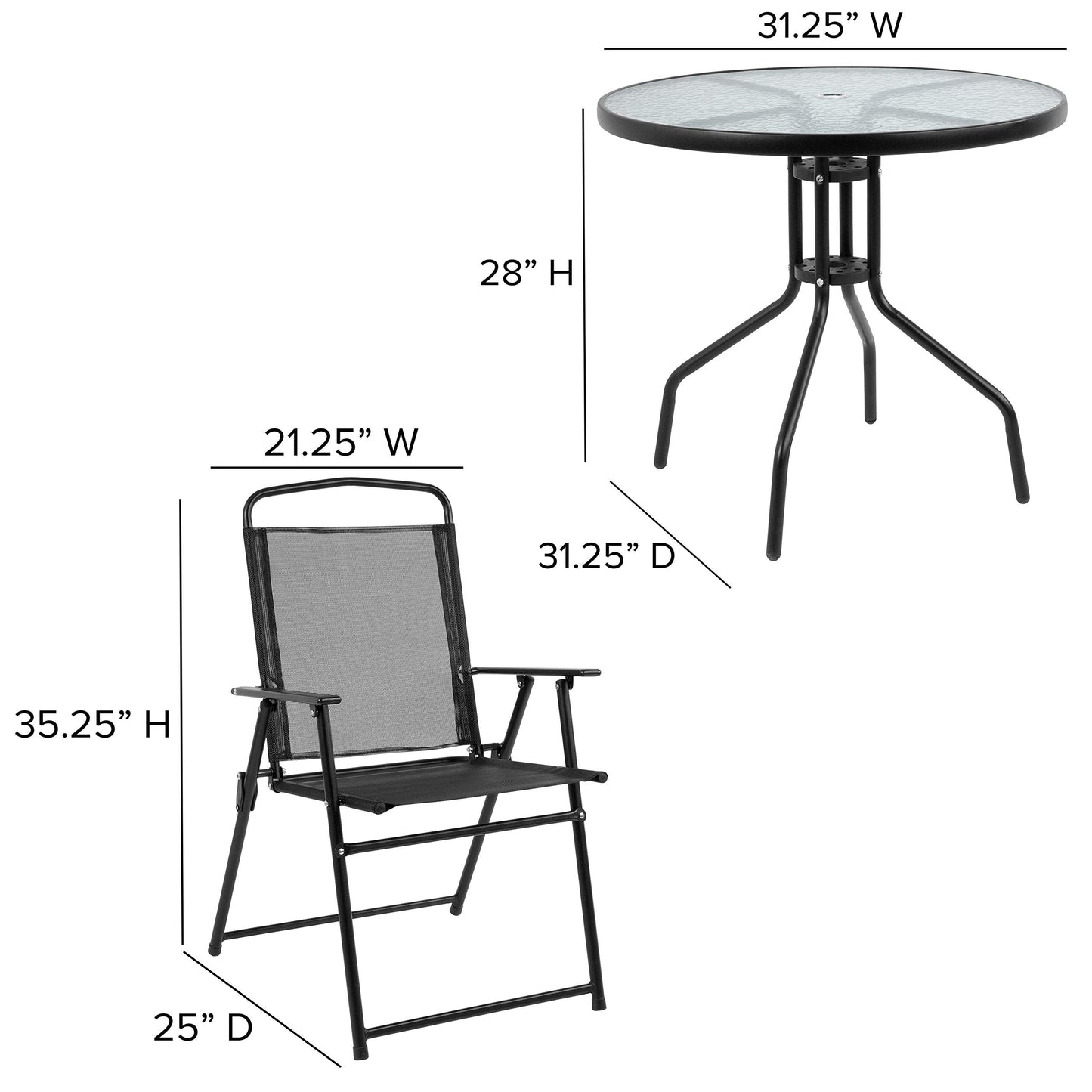 EMMA + OLIVER 6 Piece Black Patio Garden Set with Umbrella Table and Set of 4 Folding Chairs
