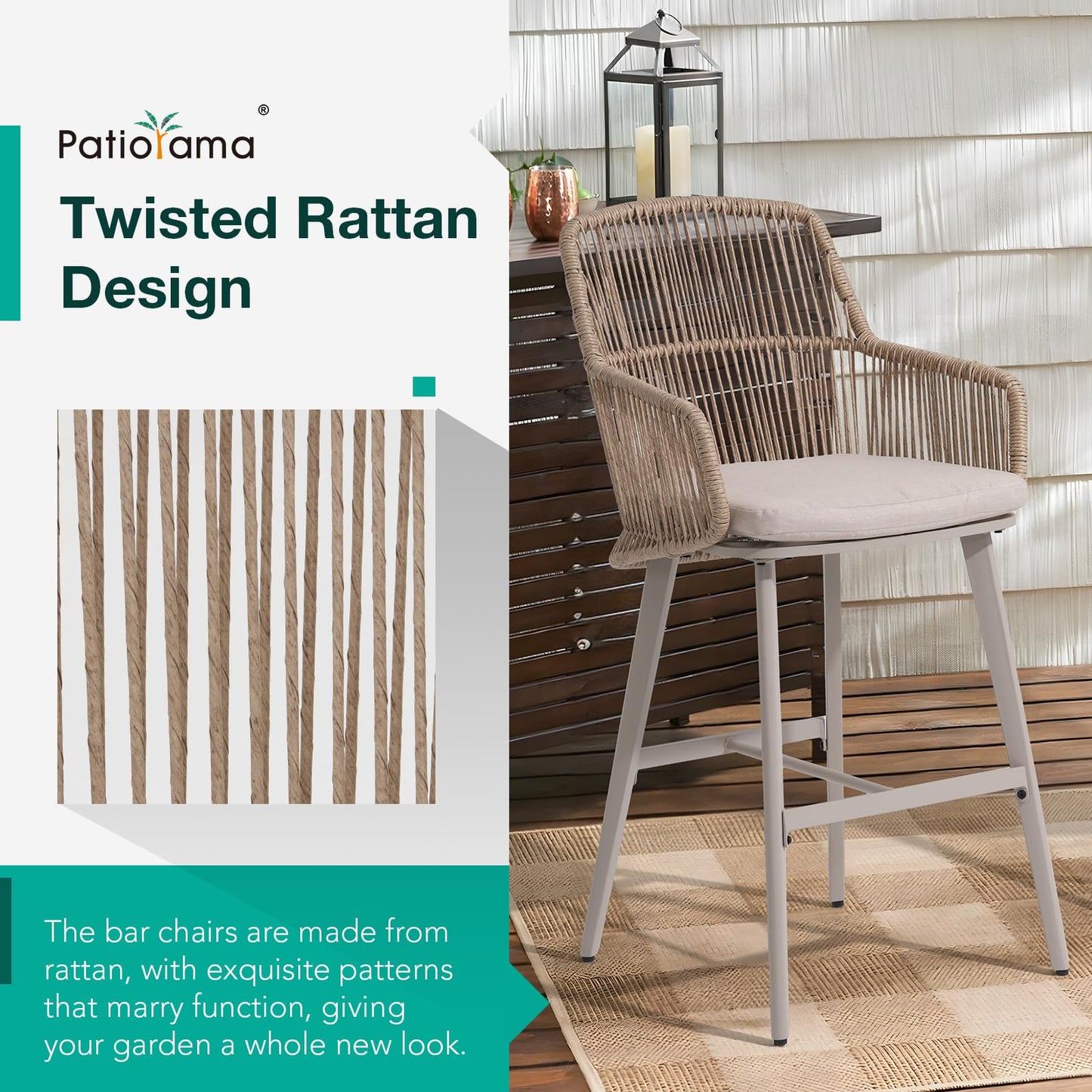 Patiorama Outdoor Bar Stools Set of 2, 46"" Counter Height Bar Stools Chair w/Woven Rope Back and Arm, Patio Metal Modern Wicker Bar Chairs, Rattan Bar Stool for Kitchen Island, Pool, Indoor,Beige