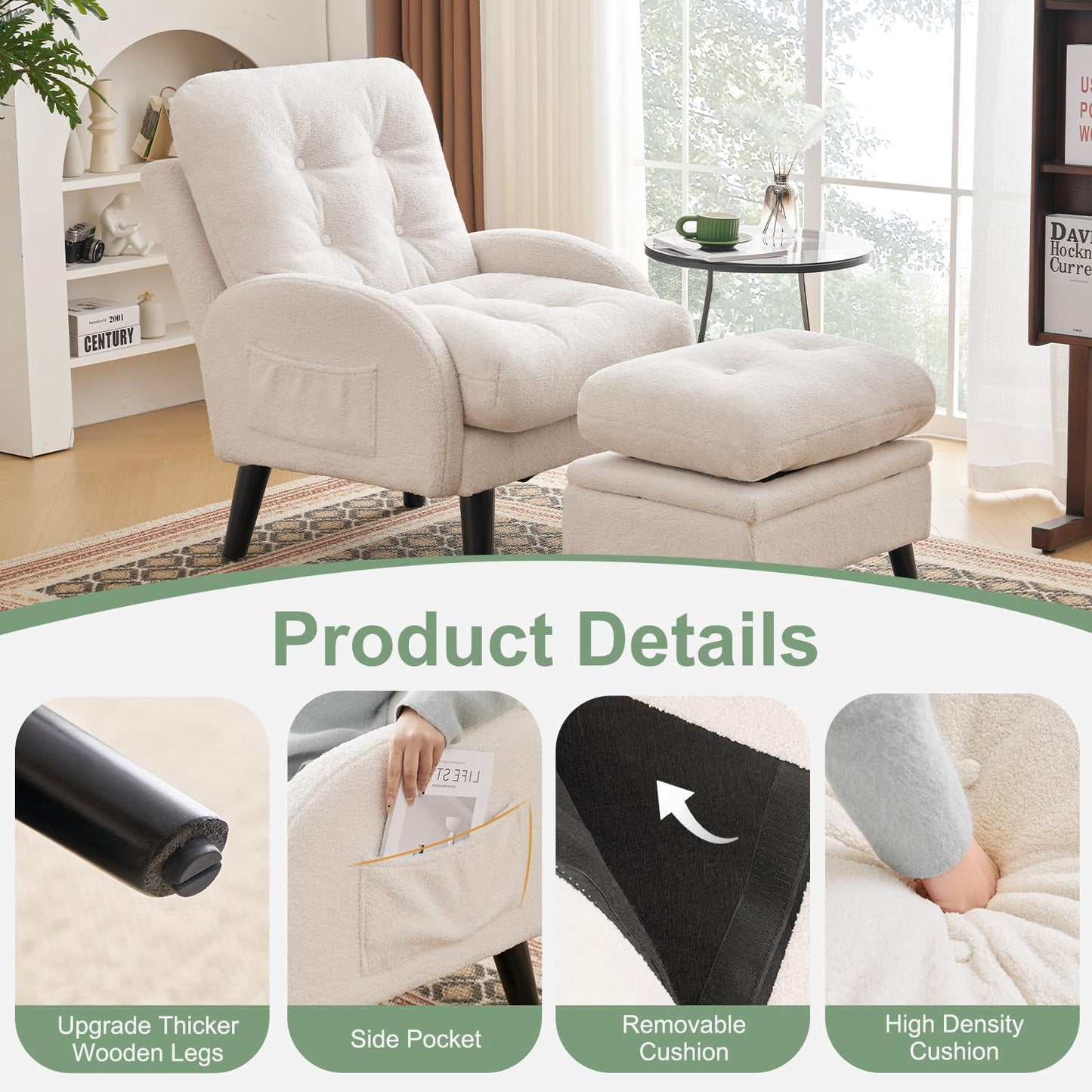 ELUCHANG Accent Chairs with Ottoman, Upholstered Comfy Armchair with Adjustable Backrest&Storage Footrest, Lazy Chair Reading Chair Leisure Sofa Recliner for Living Room Bedroom (White - Teddy Fabric)