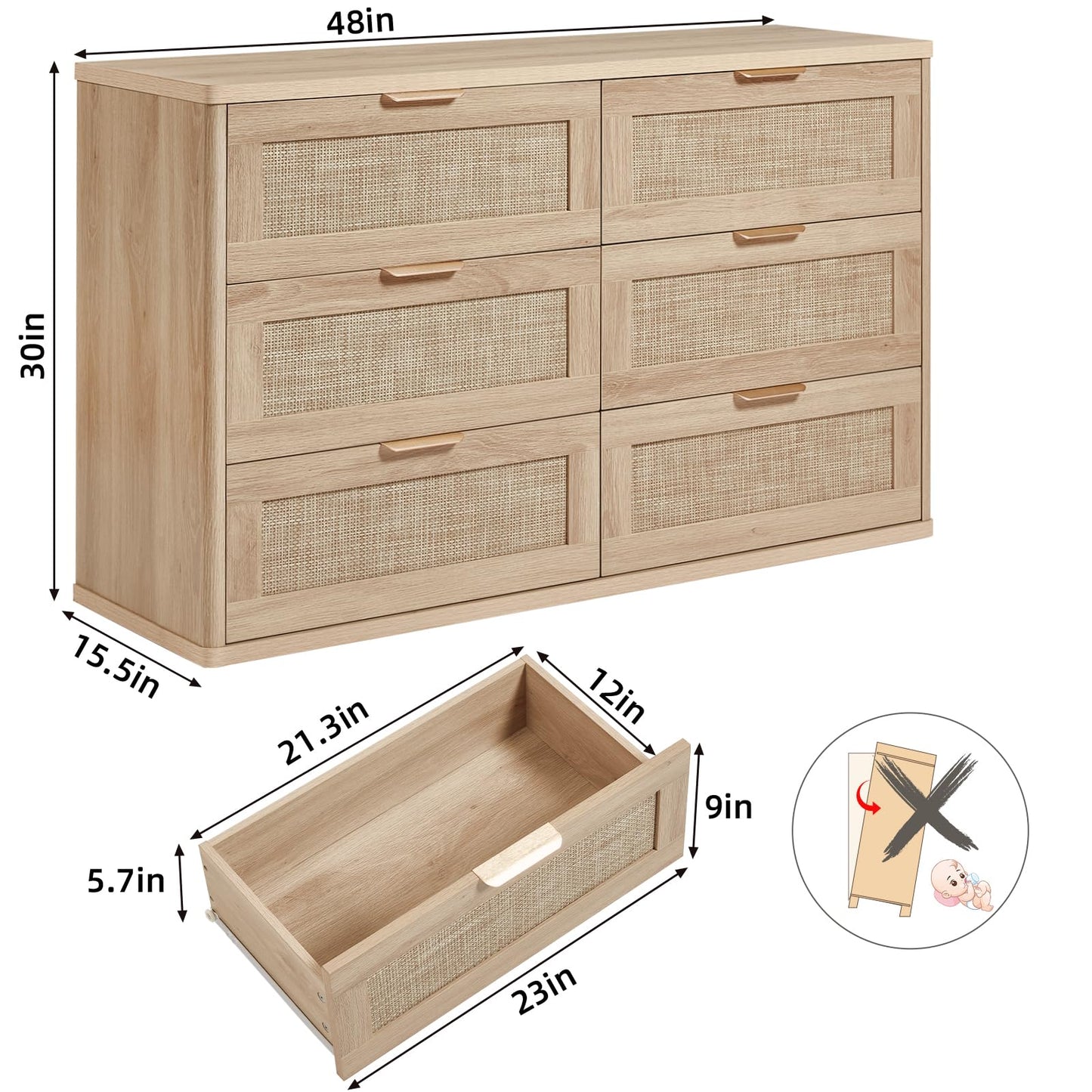 LEYAOYAO Rattan 6 Drawer Dresser for Bedroom, Boho 48" Wide Natural Wood Dresser Chest of Drawers, Dressers TV Stand with Metal Handle, Storage Dressers Closet Organizer for Living Room, Hallway