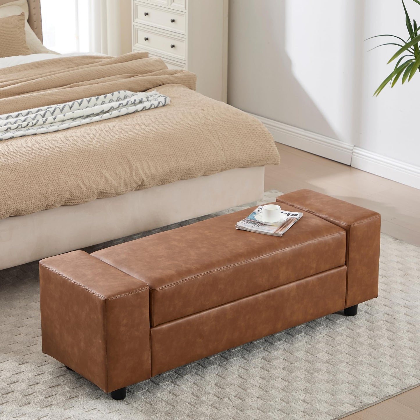 Janoray Storage Ottoman Bench 55 Inch Upholstered Comfy PU Leather End of Bed Bench with Large Storage for Bedroom/Living Room/Entryway/Closet(Brown)
