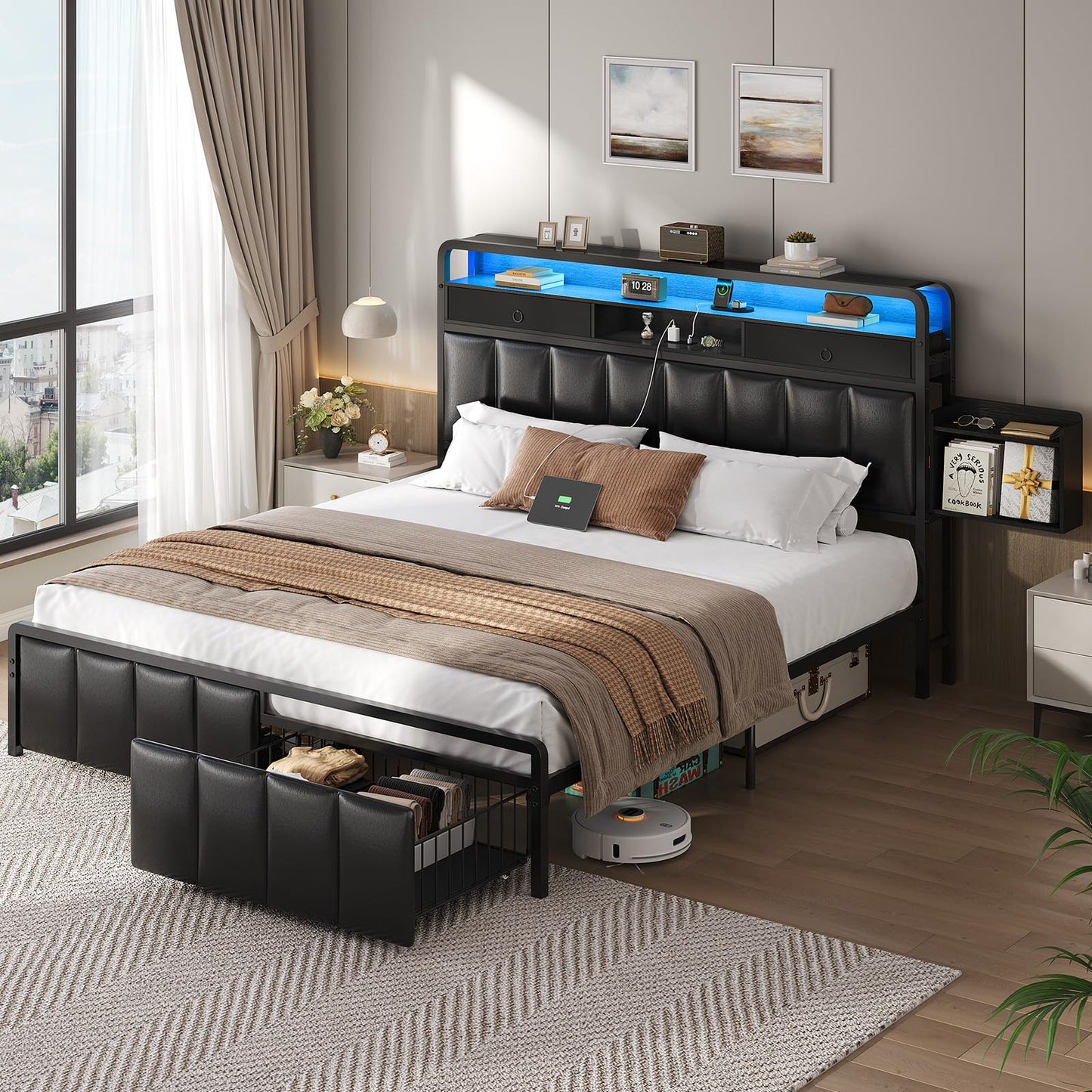 Brinlawb King Bed Frame with Drawers & Storage Headboard, Bed Frame King Size with Charging Station & LED Light, Upholstered Platform Bed, Metal Frame Support, No Box Spring Needed, Noise Free, Black