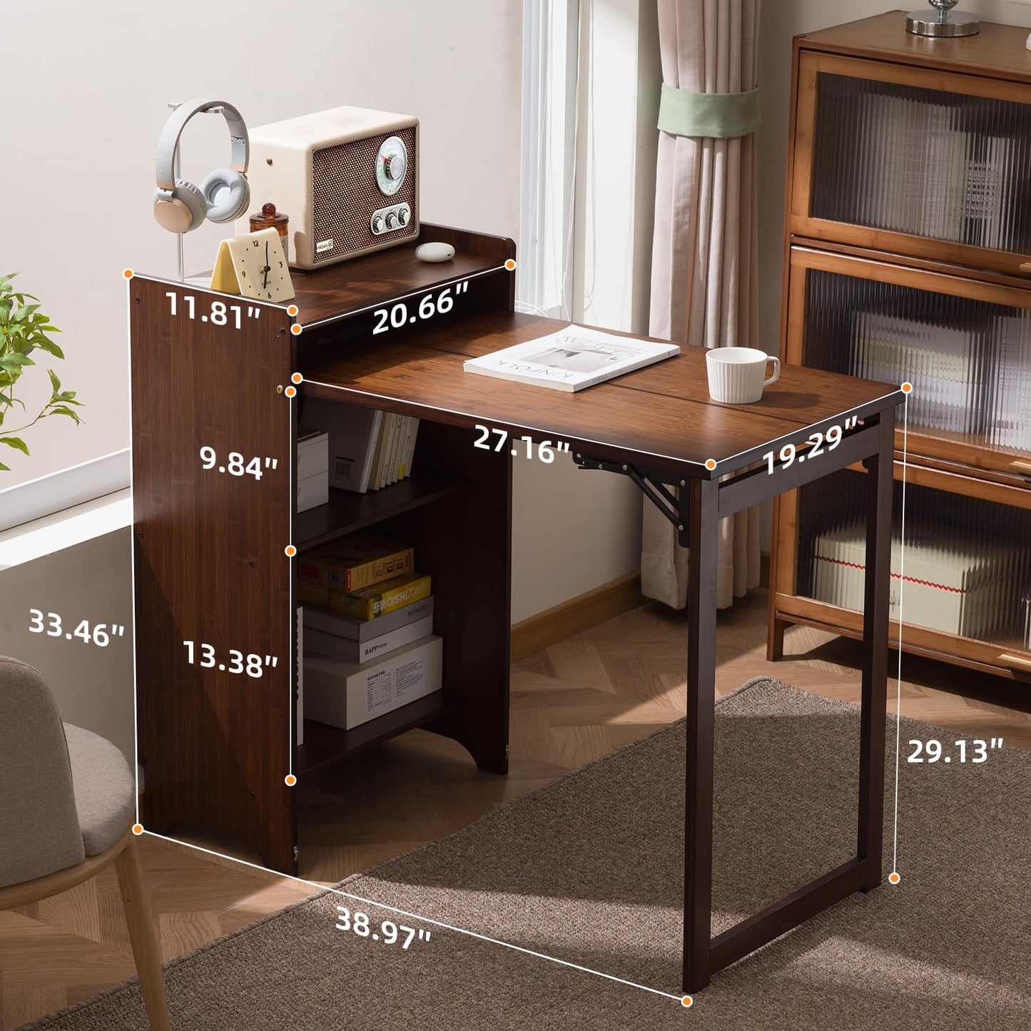 Usofhaus Bamboo Folding Desk with Storage, Space-Saving Foldable Computer Desk for Small Spaces, Writing Study Table for Home Office, Bedroom, Dorm, Apartment,Dark Brown