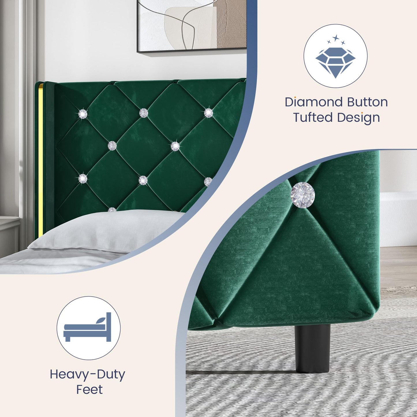 HOMBCK Queen Size Bed Frame with Headboard, Velvet Upholstered Platform Bed Frame Queen with Wingback and Diamond Headboard, Wood Slat Support, No Box Spring Needed, Easy Assembly, Green